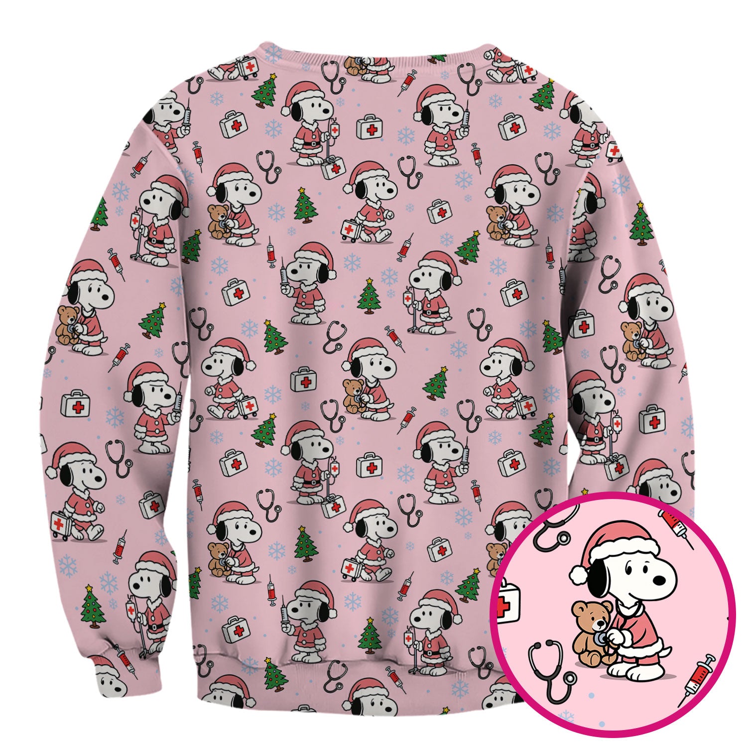 Snoopy Christmas Nurse Scrubs Top - Cute Pink Holiday Nursing Shirt - Funny Xmas Scrub Top for Women Nurses & Medical Workers