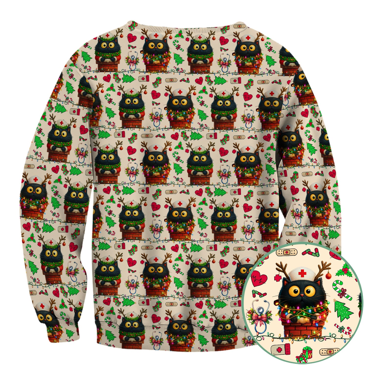 Funny Black Cat Scrub Top for Nurse - Cute Reindeer Cat with Christmas Lights Shirt - Festive Holiday Medical Gift for RN CNA LPN