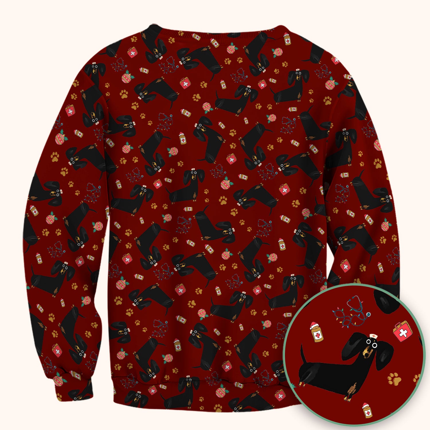 Funny Wiener Dog Scrub Top for Nurses - Cute Black Dachshund Medical Shirt - Dog Lover Nursing Uniform Gift for Women