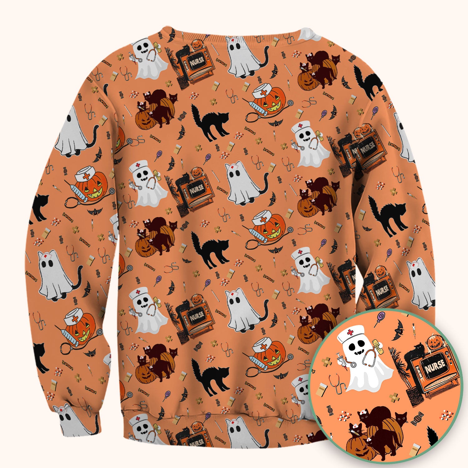 Halloween Scrub Top for Nurse - Cute Pumpkin Ghost Cat Medical Shirt - Spooky Scrubs for Women RN CNA LPN