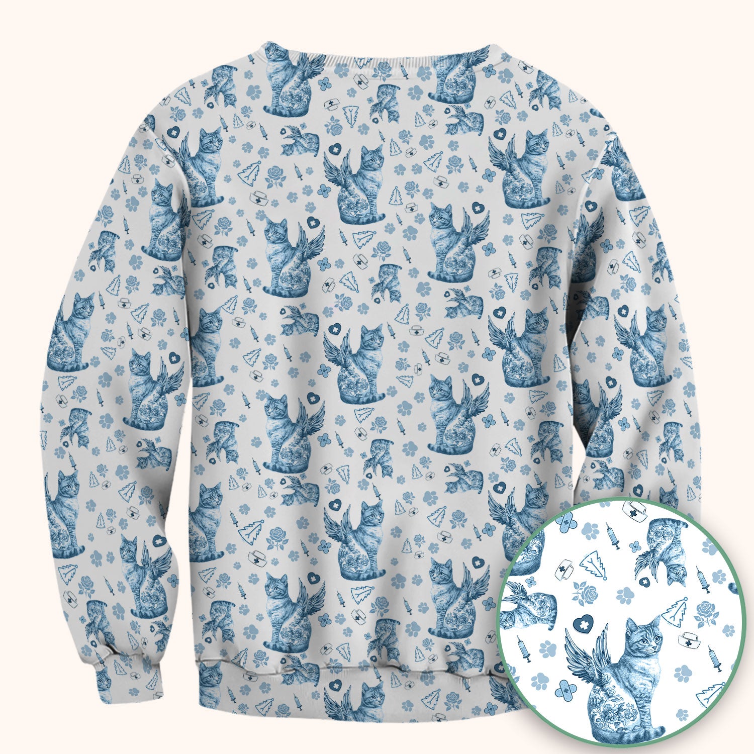 Toile de Jouy Cat Angel Scrub Top - Blue Vintage Nurse Shirt - French Style Medical Uniform for Women RN LPN CNA Gift