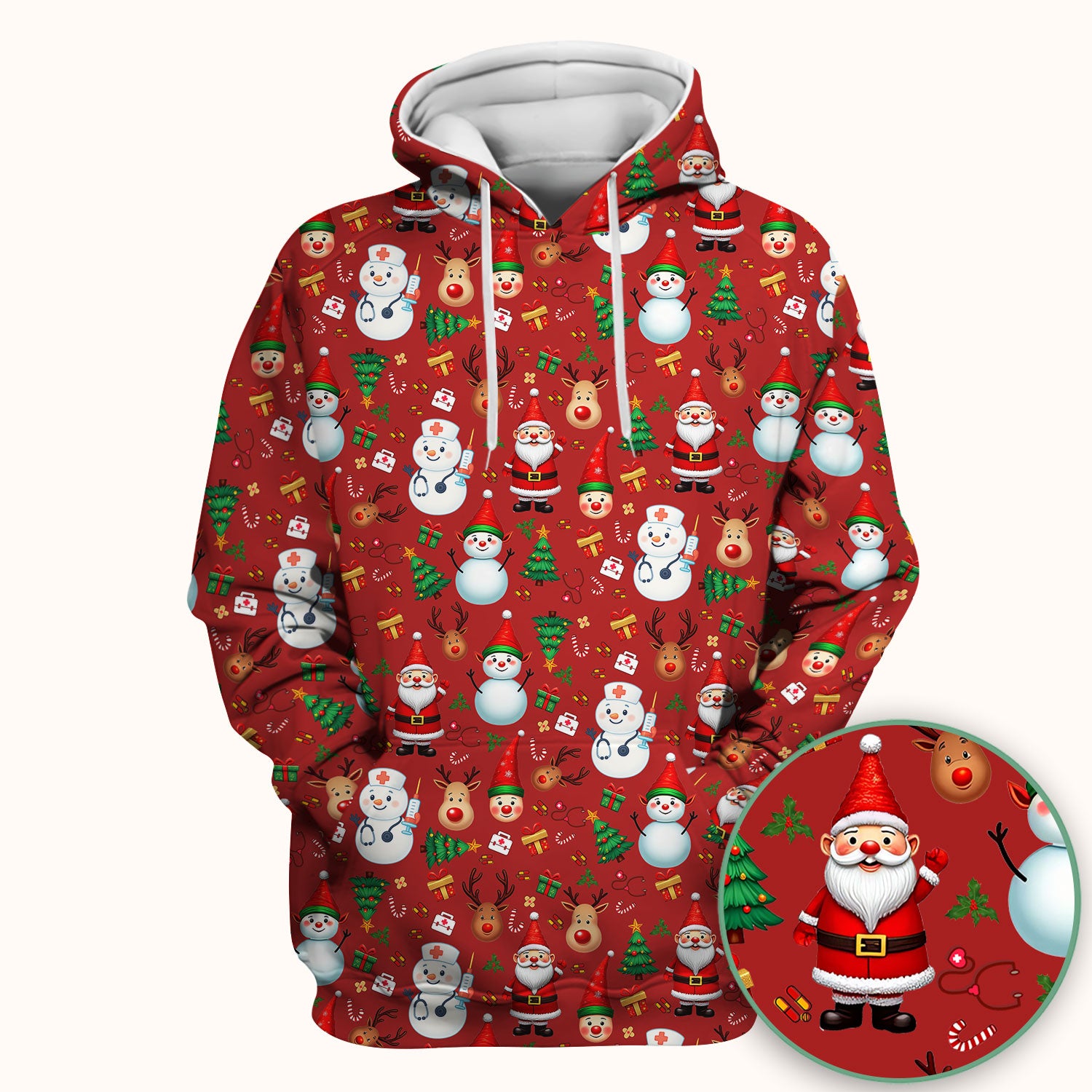 Christmas Scrub Top for Nurses - Cute Snowman Reindeer Santa Pattern - Holiday Medical Uniform RN CNA LPN Gift