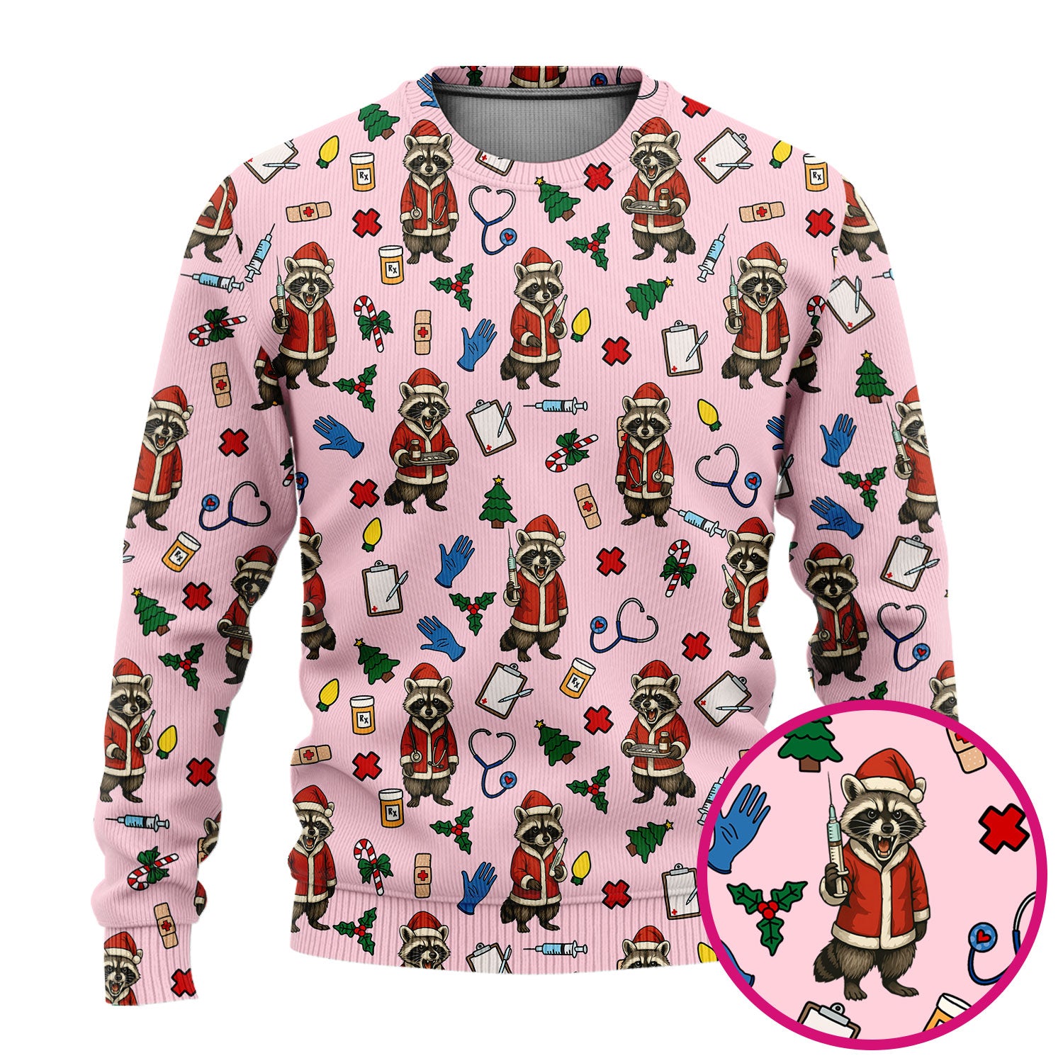 Christmas Raccoon Pattern Nurse Scrub Set - Funny Santa Medical Print Top and Pants - Holiday Gift for RN LPN CNA Women
