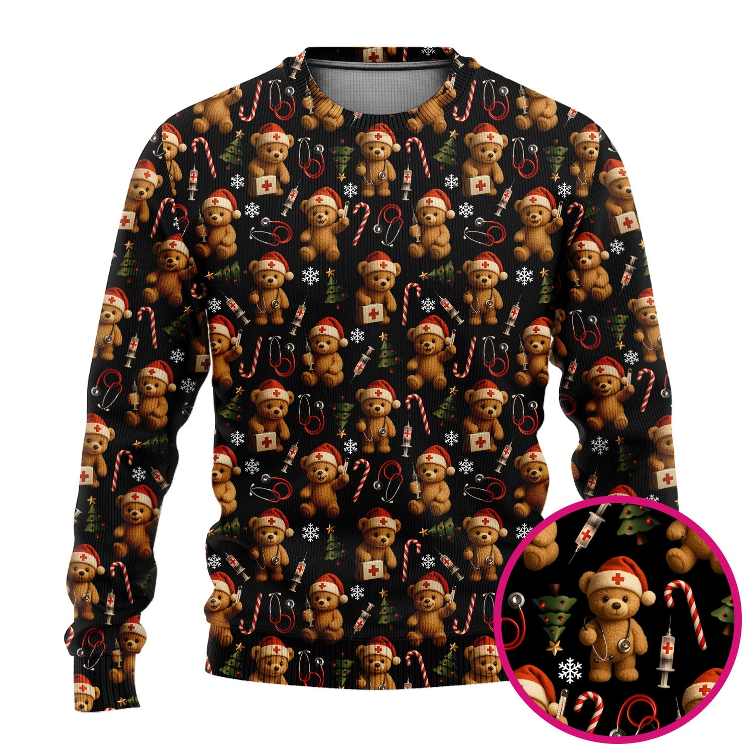 Gingerbread Bear Nurse Christmas Scrub Set - Cute Holiday Medical Pattern with Stethoscopes & Candy Canes - Festive Scrubs for Women