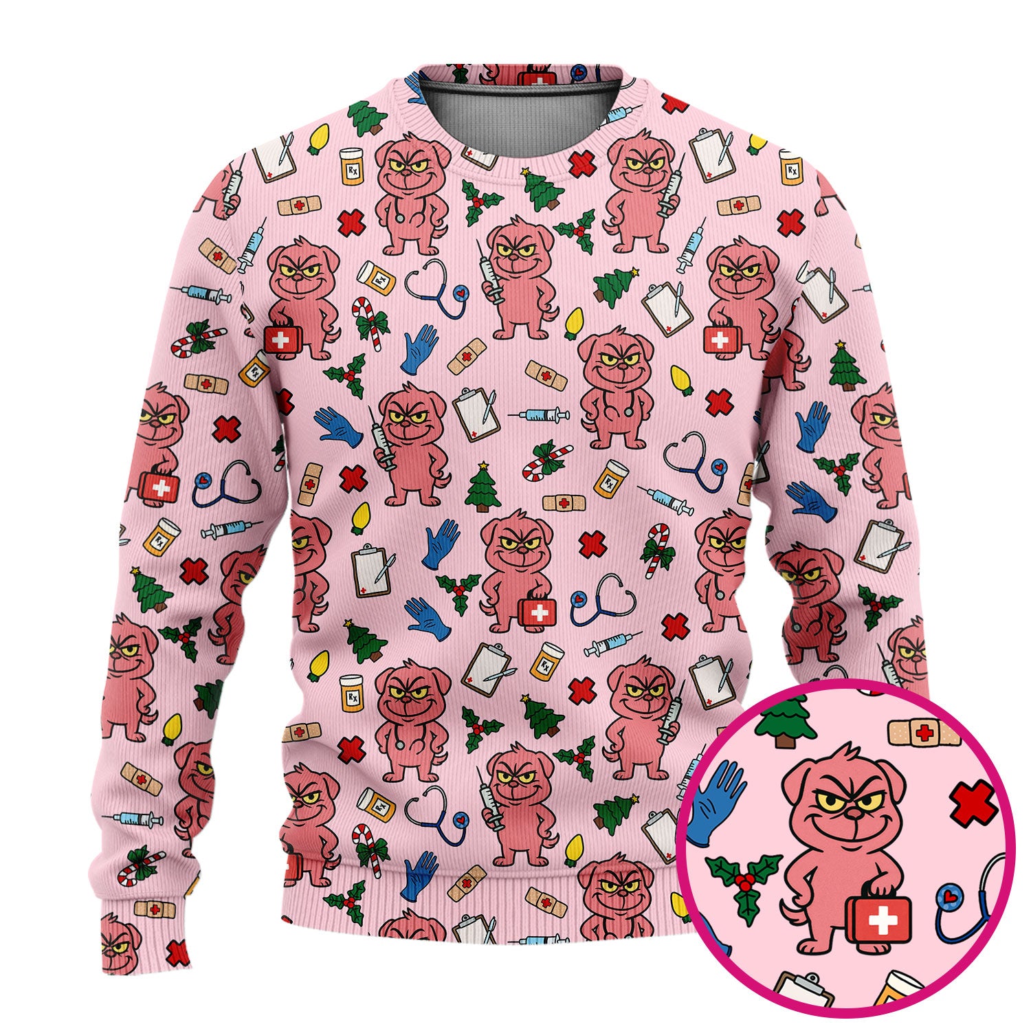 Christmas Scrub Set for Nurses - Funny Pink Dog Pattern - Holiday Nurse Scrubs with Tree, Bandage and Stethoscope Print