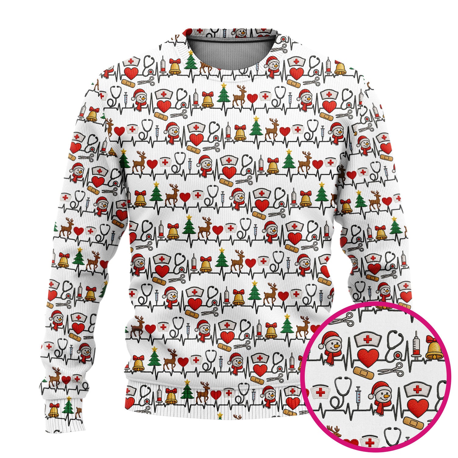 Cute Snowman Nurse Ugly Sweater, Christmas Holiday Medical Uniform For Nursing, Festive Heartbeat Print Nurse Sweater