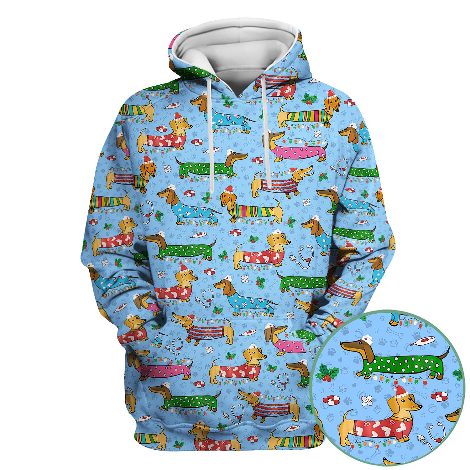 Christmas Dachshund Nurse Scrub Top - Cute Wiener Dog in Holiday Outfit - Funny Medical Shirt Gift for Women RN LPN CNA