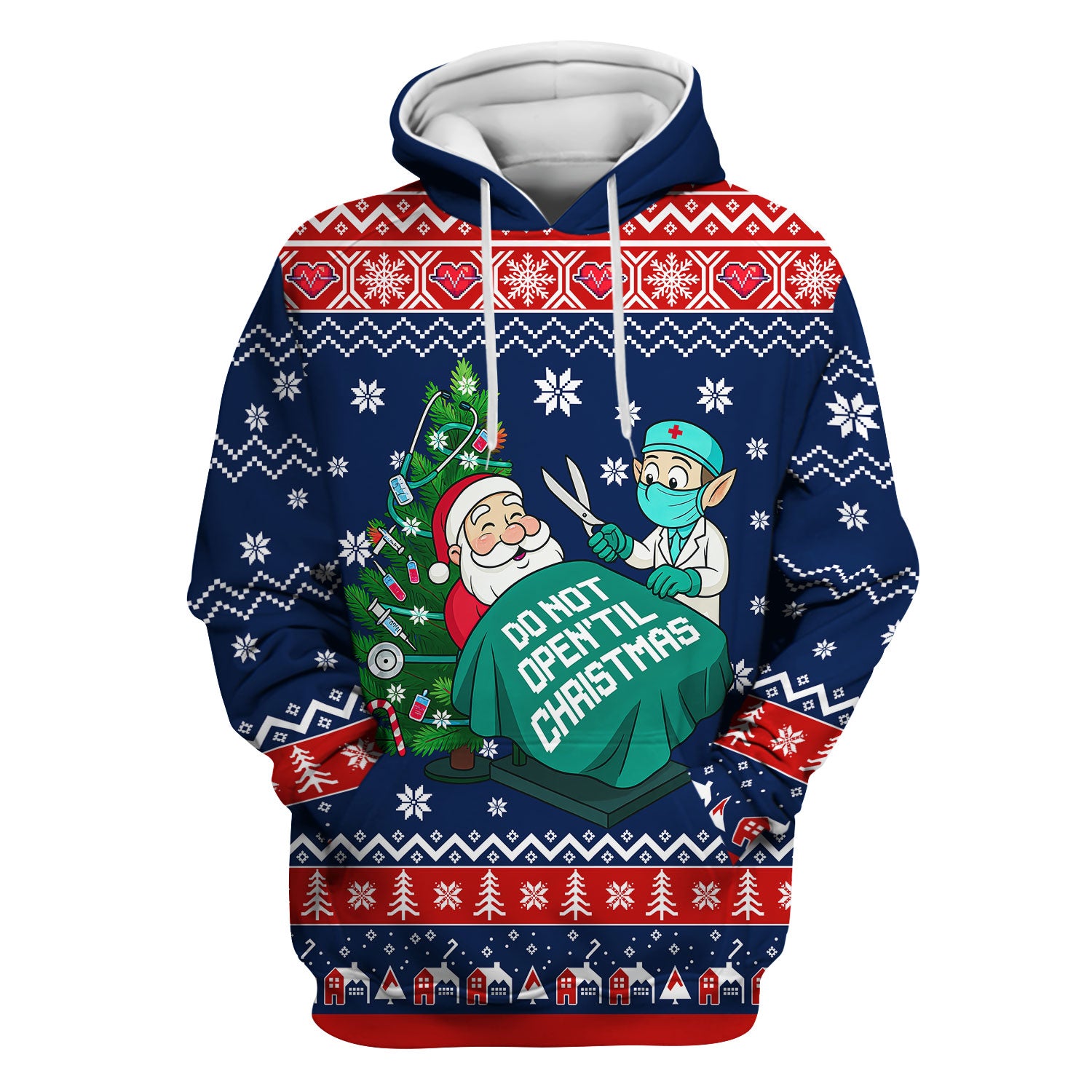 Funny Scrub Top for Women - Do Not Open Til Christmas Santa and Elf - Holiday Medical Uniform Gift for RN LPN CNA