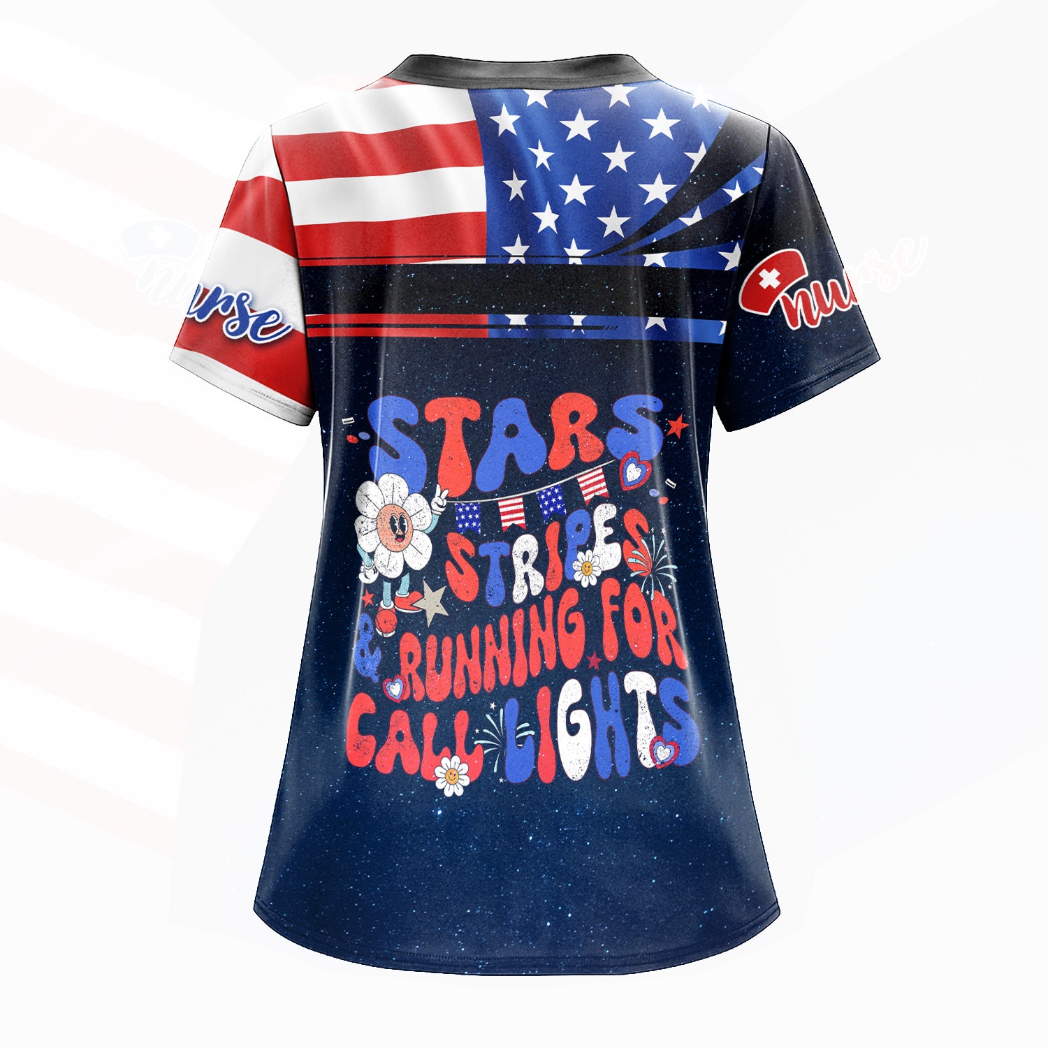 Personalized 4th of July Nurse Scrub Top - Funny Skeleton Scrubs for Women RN CNA LPN - Custom Name Medical Uniform Gift for Healthcare Workers USA Pride