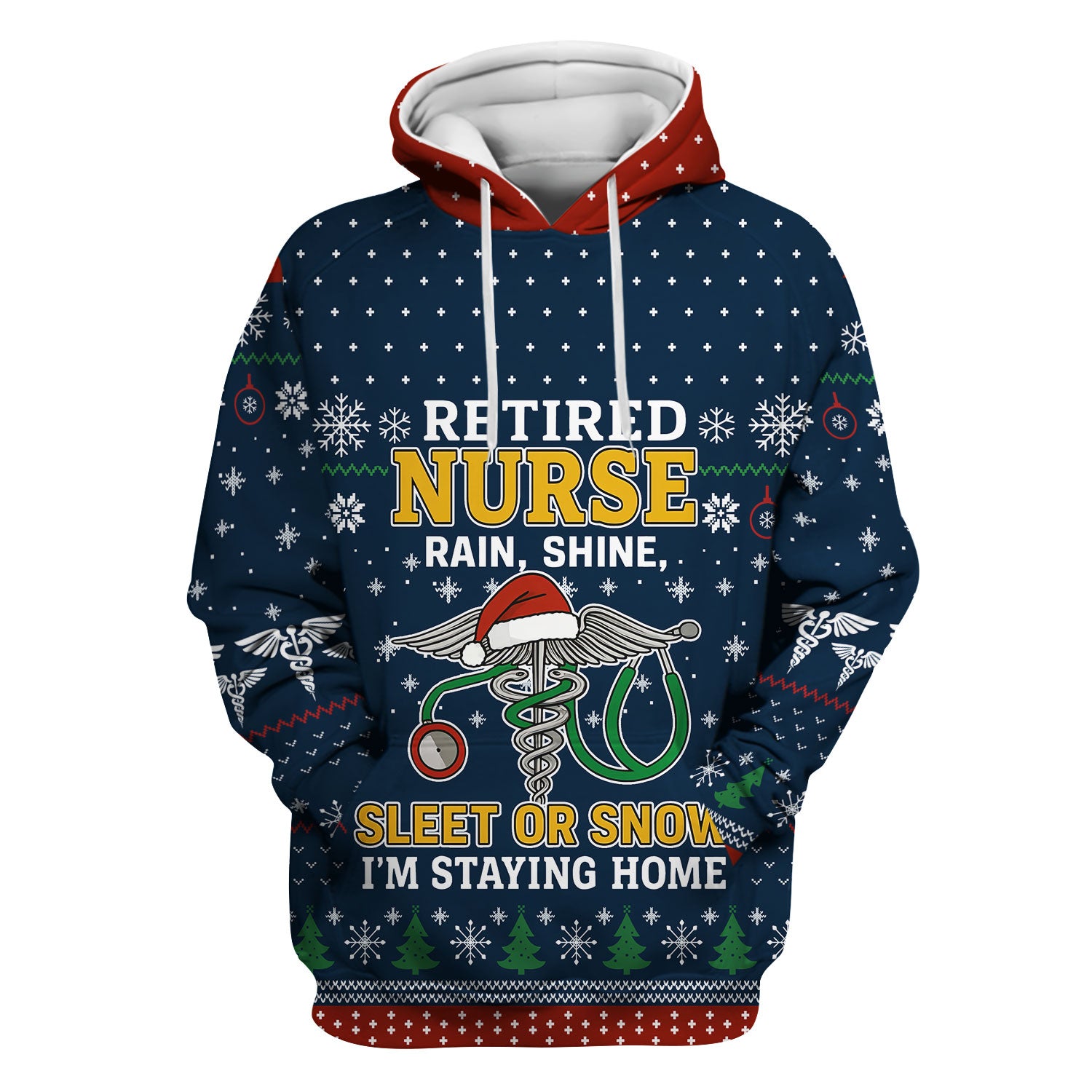 Retired Nurse Christmas Scrub Top, Funny Holiday Nurse Shirt, Rain Shine Sleet or Snow I’m Staying Home Uniform