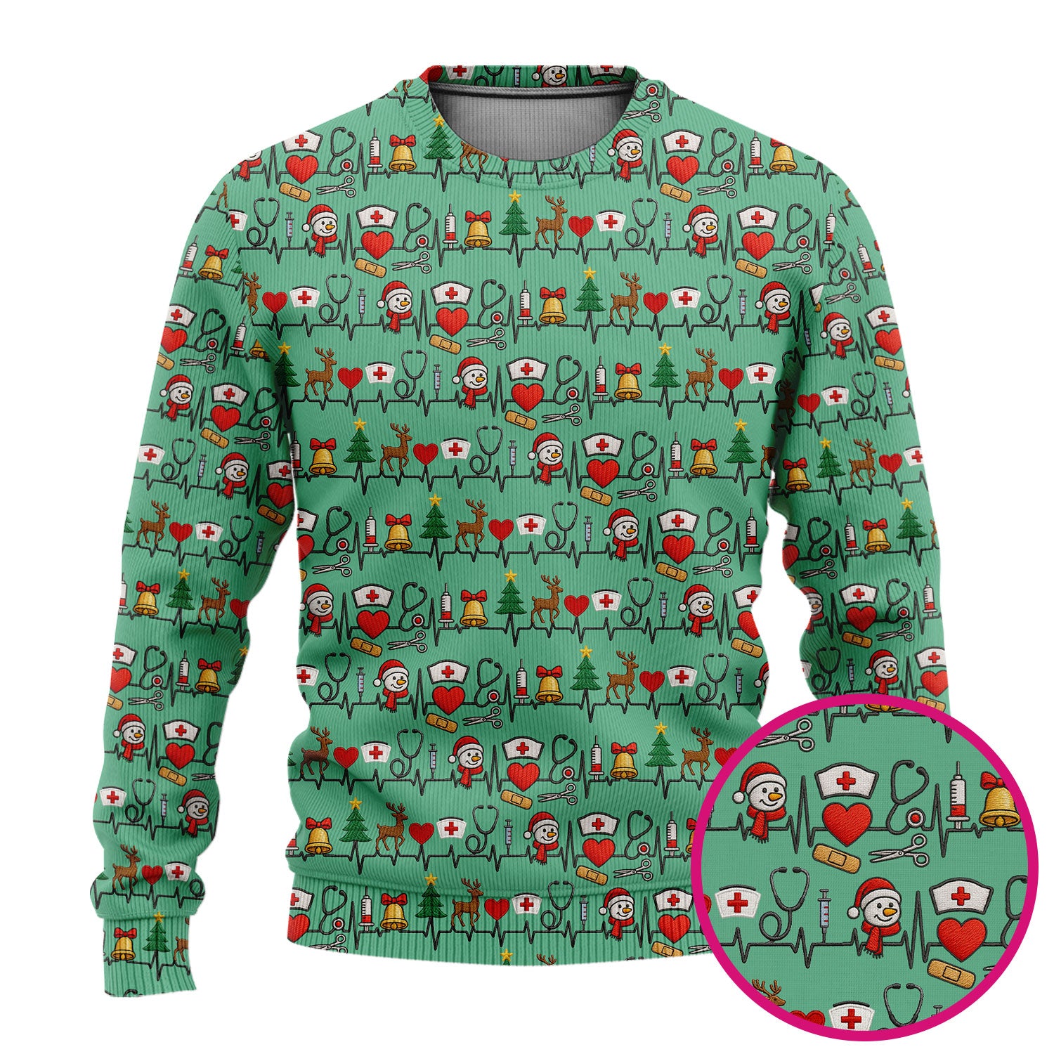 Cute Snowman Nurse Ugly Sweater, Christmas Holiday Medical Uniform For Nursing, Festive Heartbeat Print Nurse Sweater