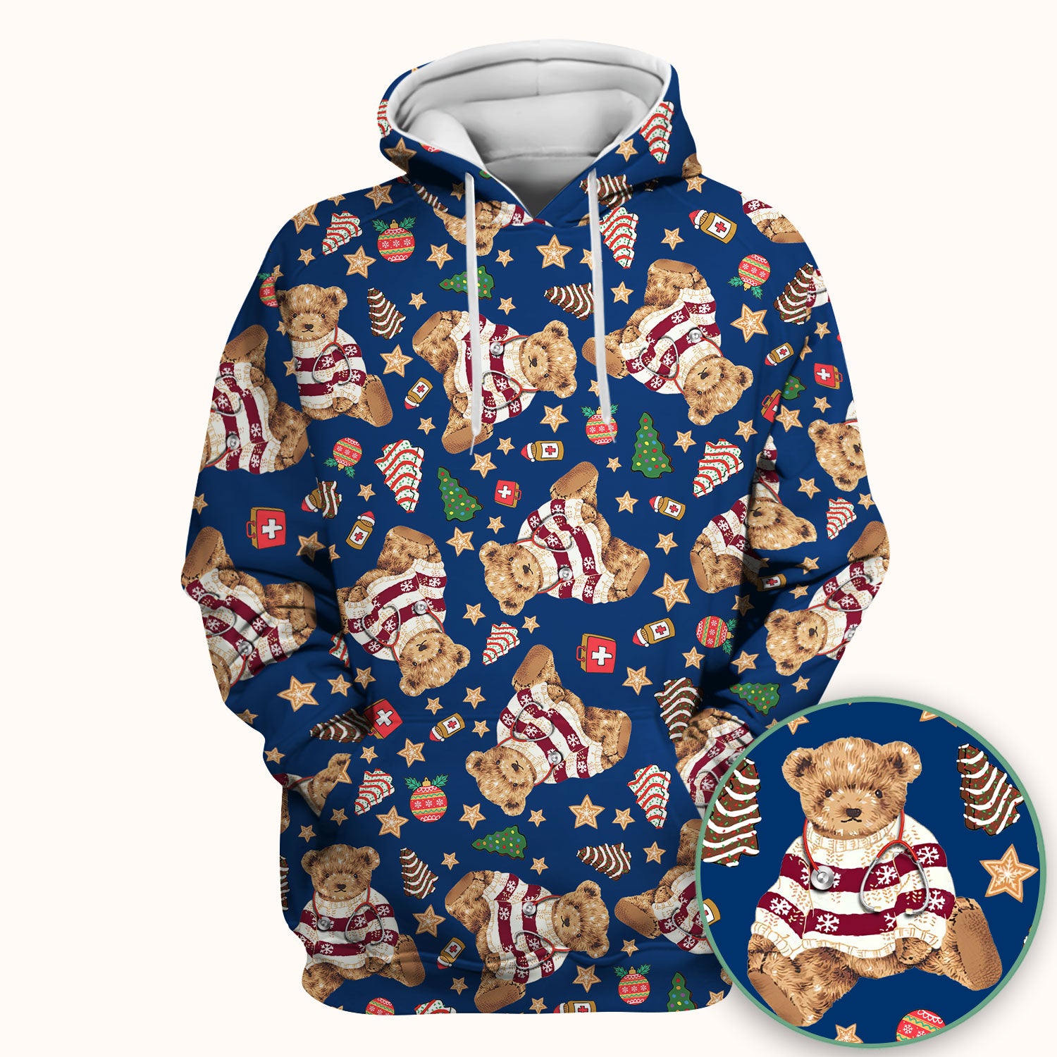 Teddy Bear Christmas Scrub Top - Cute Holiday Medical Pattern with Warm Sweater Bear - Gift for Nurses RN CNA LPN