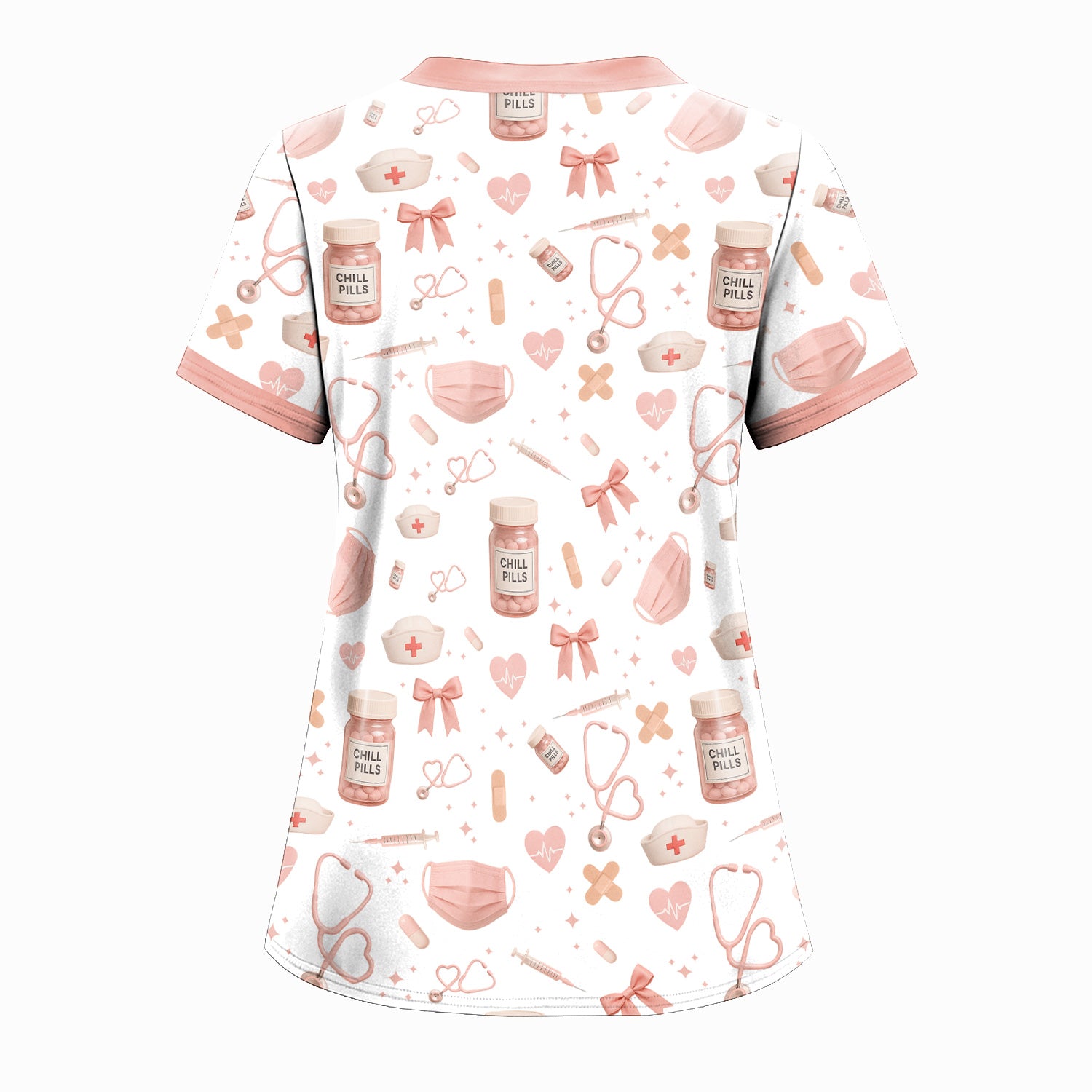Personalized Cute Nurse Scrub Top - Pink Chill Pills & Medical Icons Pattern - Fun Aesthetic Gift for RN CNA LPN Healthcare Workers