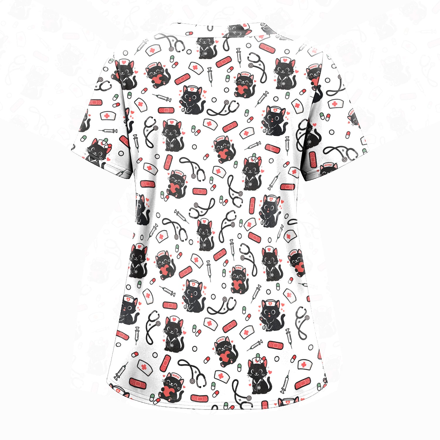 Cute Black Cat Nurse Scrub Top for Women - Medical Uniform Shirt with Stethoscope & Pill Print - Gift for CNA, LPN, Medical Worker