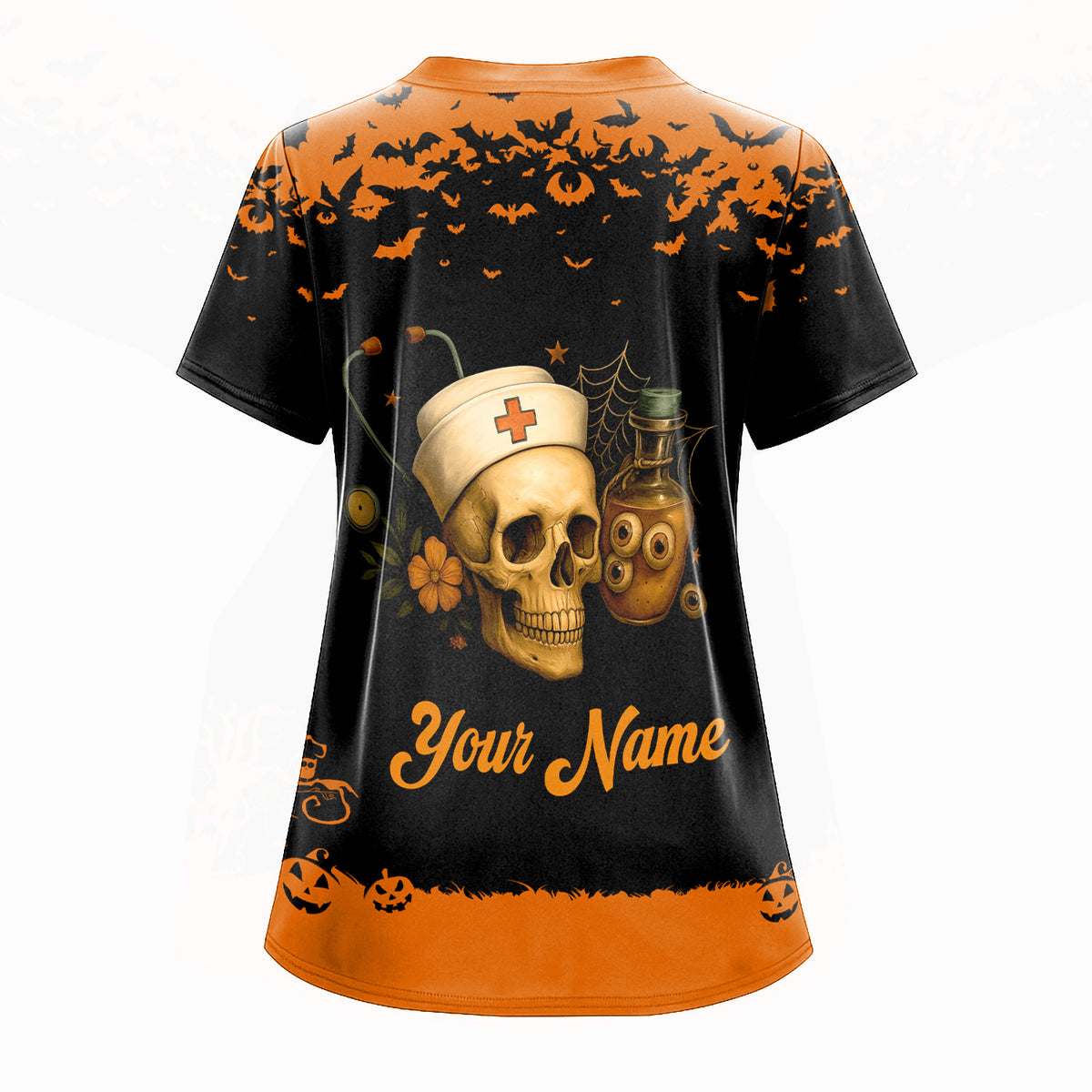 Personalized Halloween Nurse Uniform Top - Custom Name Spooky Witch Costume Inspired Scrub Shirt - Fun Gift for Medical Staff Healthcare Workers