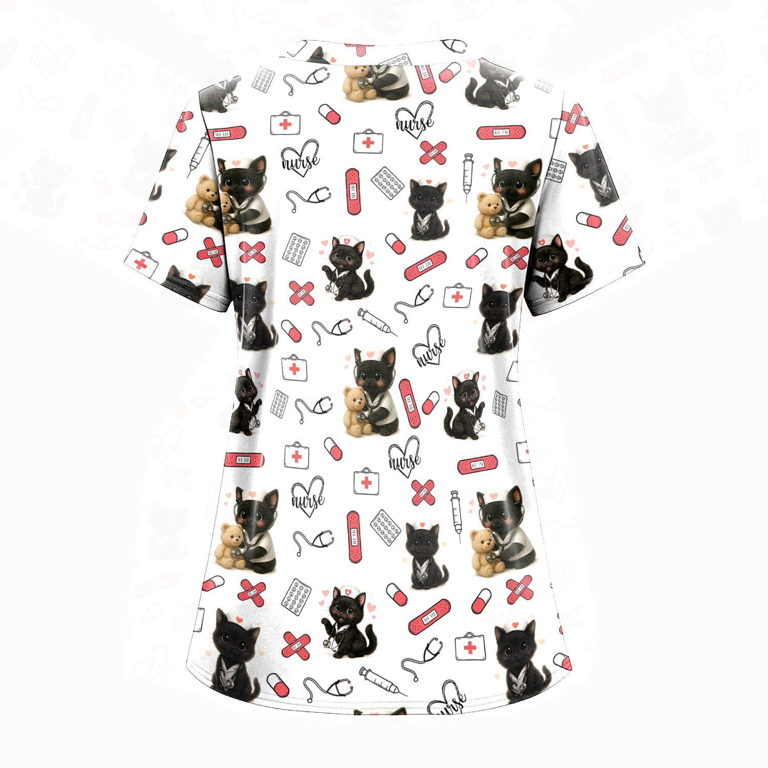 Cute Black Cat Nurse Scrub Top for RN CNA LPN - Funny Kitty Medical Pattern Uniform - Gift for Cat Loving Healthcare Women