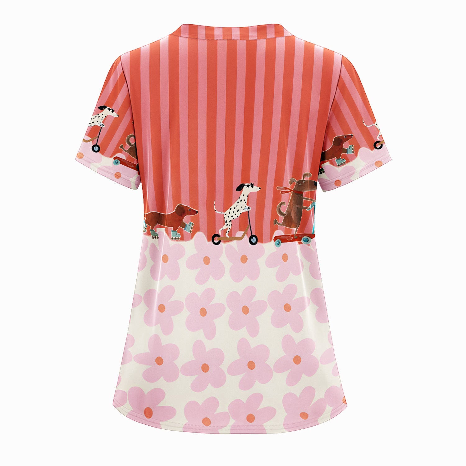 Personalized Cute Dog Roller Skate Flower Pattern Scrub Top, Comfortable Scrubs for Nurses