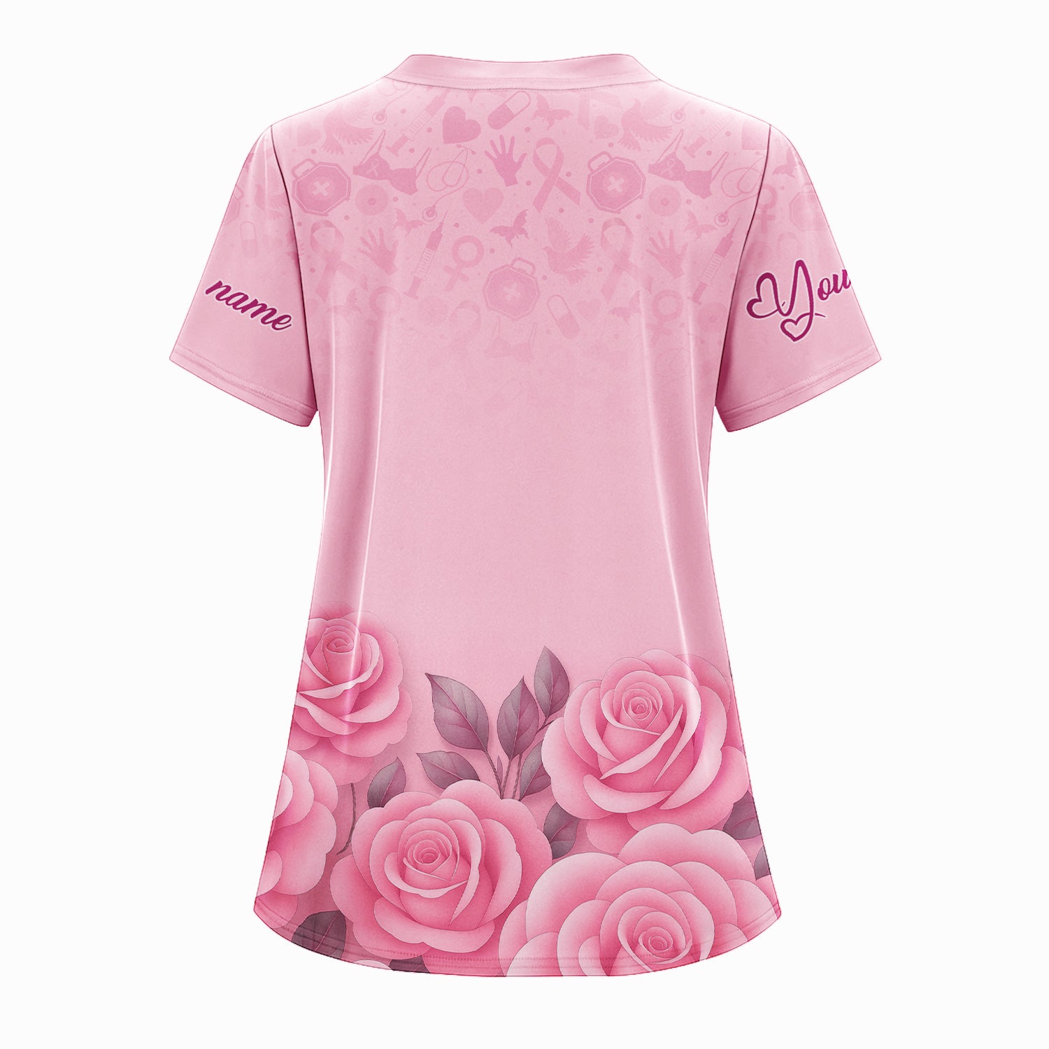 Custom Breast Cancer Awareness Floral Scrub - Pink Ribbon & Rose Pattern Graphic - Gift for RN LPN CNA