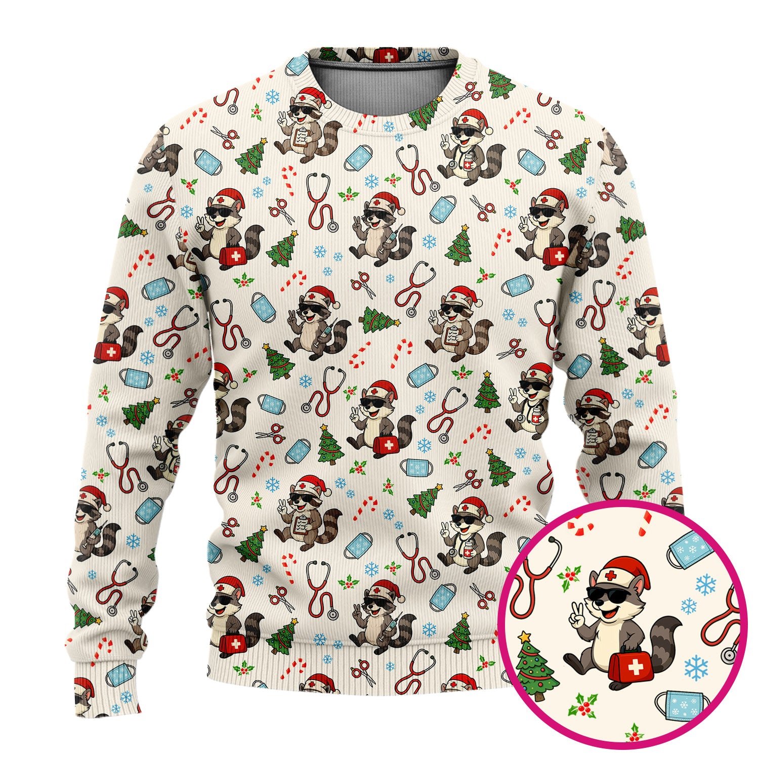 Funny Christmas Nurse Scrub Set - Raccoon Pattern with Santa Hat, Stethoscope and Tree - Cute Holiday Medical Scrubs Pants and Top Gift for RN CNA LPN