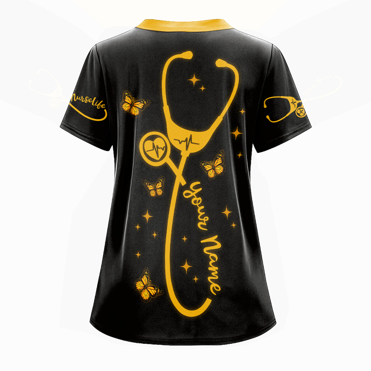 Personalized Nurse Faith Scrub Top - Religious RN CNA LPN Work Shirt - Custom Gift for Nurses Healthcare Workers with Sunflower Butterfly