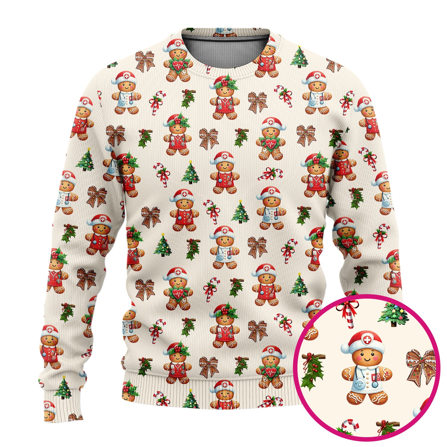 Funny Gingerbread Christmas Scrub Set - Cute Cookie with Bow Scrubs Pants and V Neck Top - Festive Holiday Gift for Women