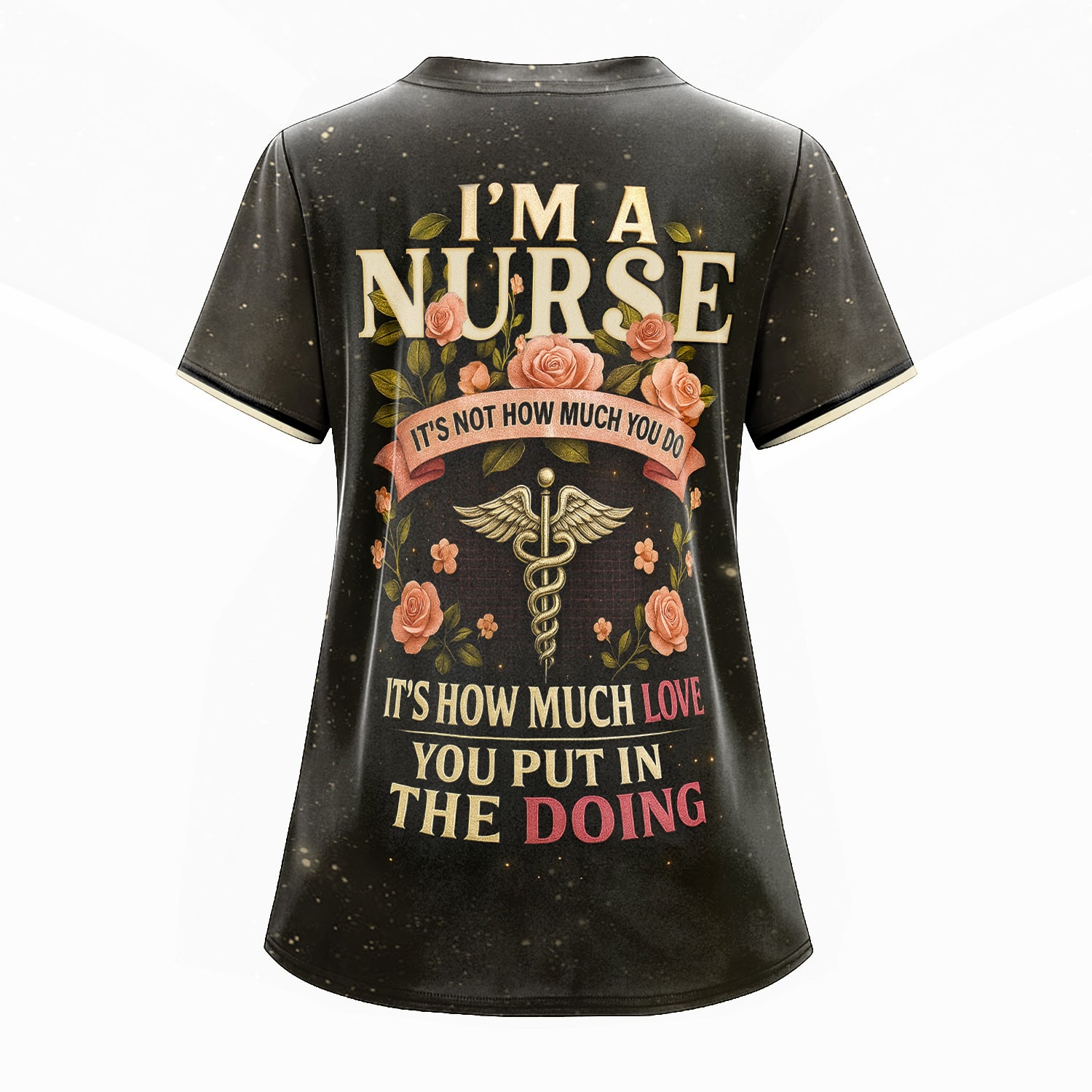 Custom Name Nurse Scrub Shirt - Stethoscope Pocket Tools & Flower Inspiration Design - Appreciation Gift for RN CNA LPN Healthcare Workers