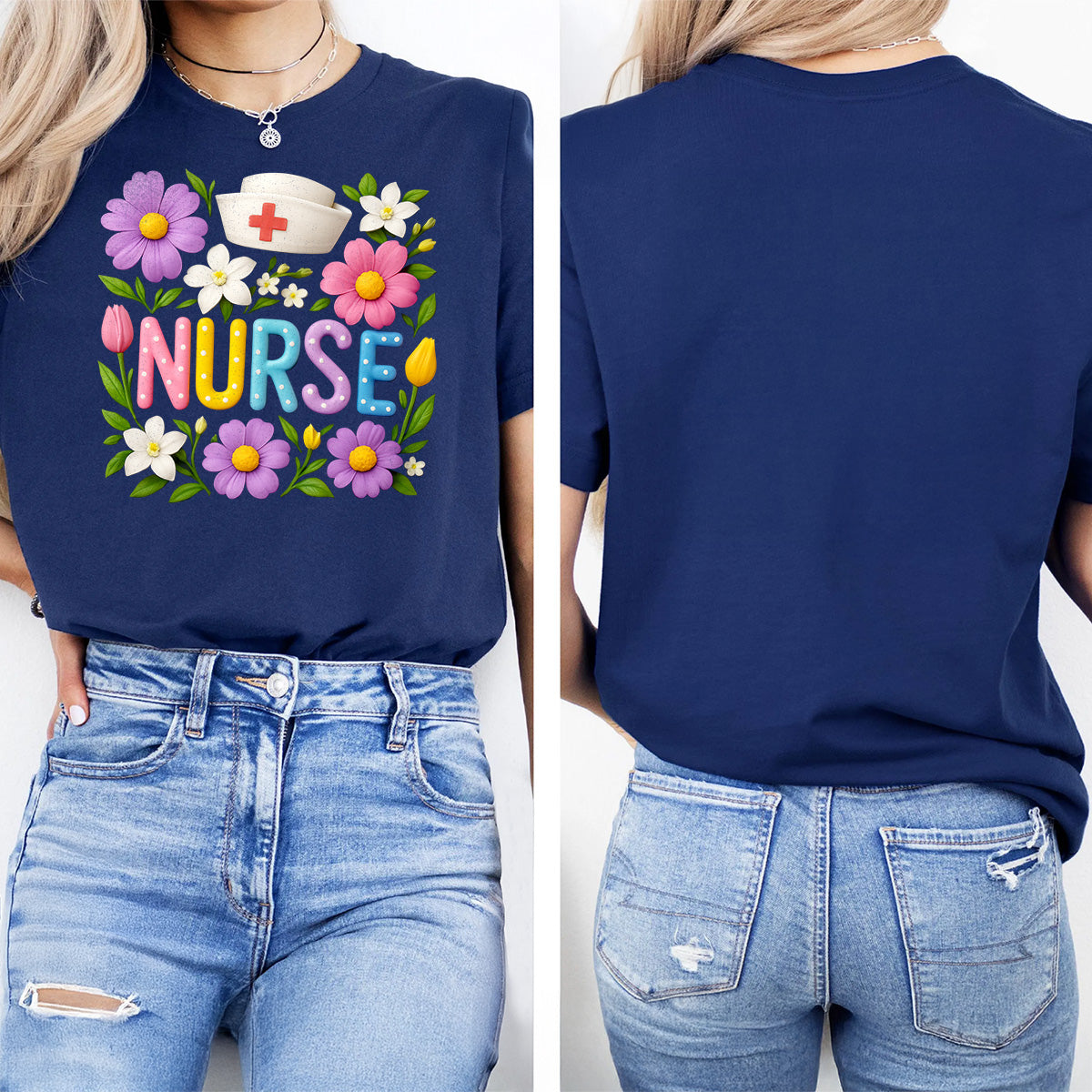 Cute Floral Nurse Shirt for Women – Colorful Spring Design with Hat & Flowers – Appreciation Gift for RN CNA LPN