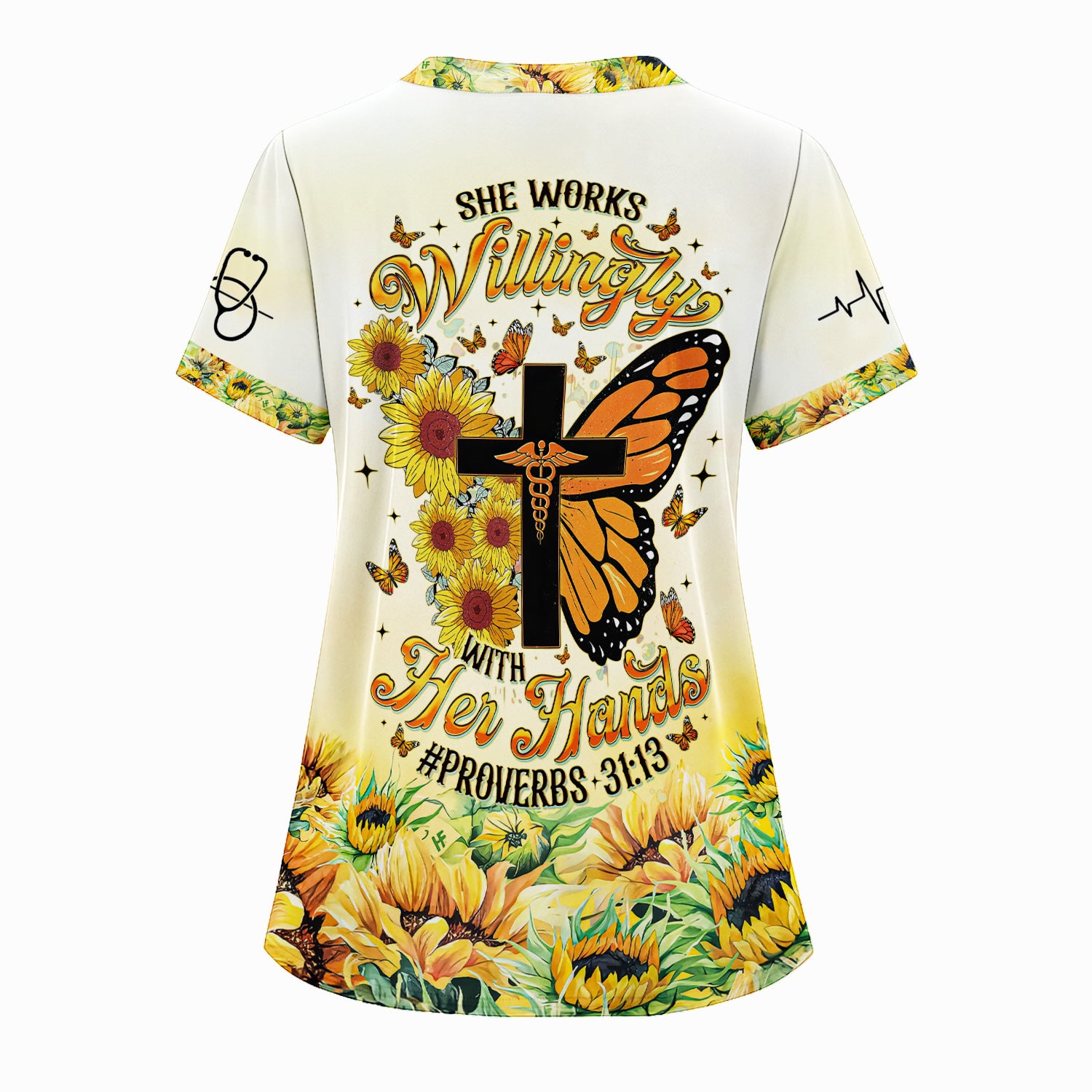 Personalized Christian Nurse Scrub Top - Sunflower Butterfly Cross & Bible Verse - Gift for RN LPN CNA Healthcare Workers