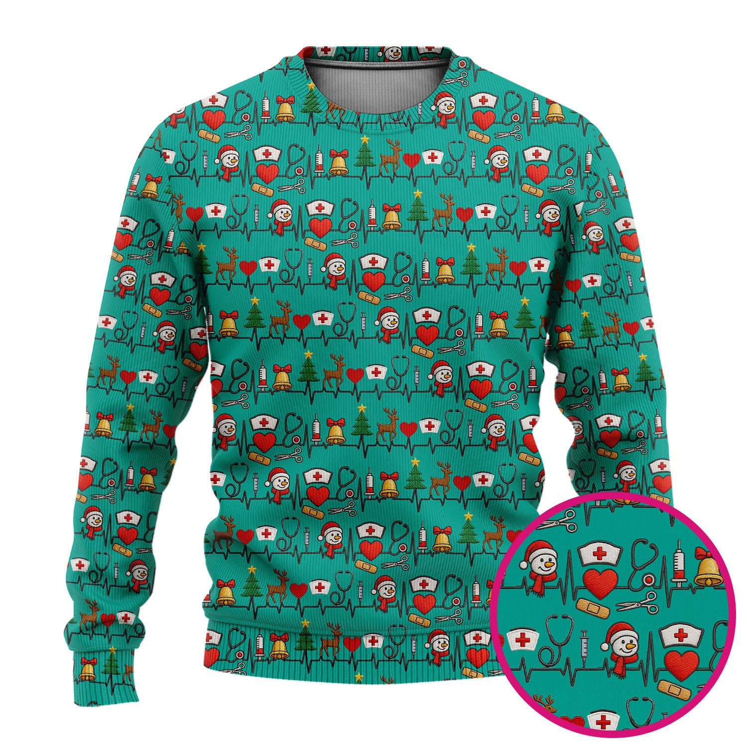 Cute Snowman Nurse Ugly Sweater, Christmas Holiday Medical Uniform For Nursing, Festive Heartbeat Print Nurse Sweater