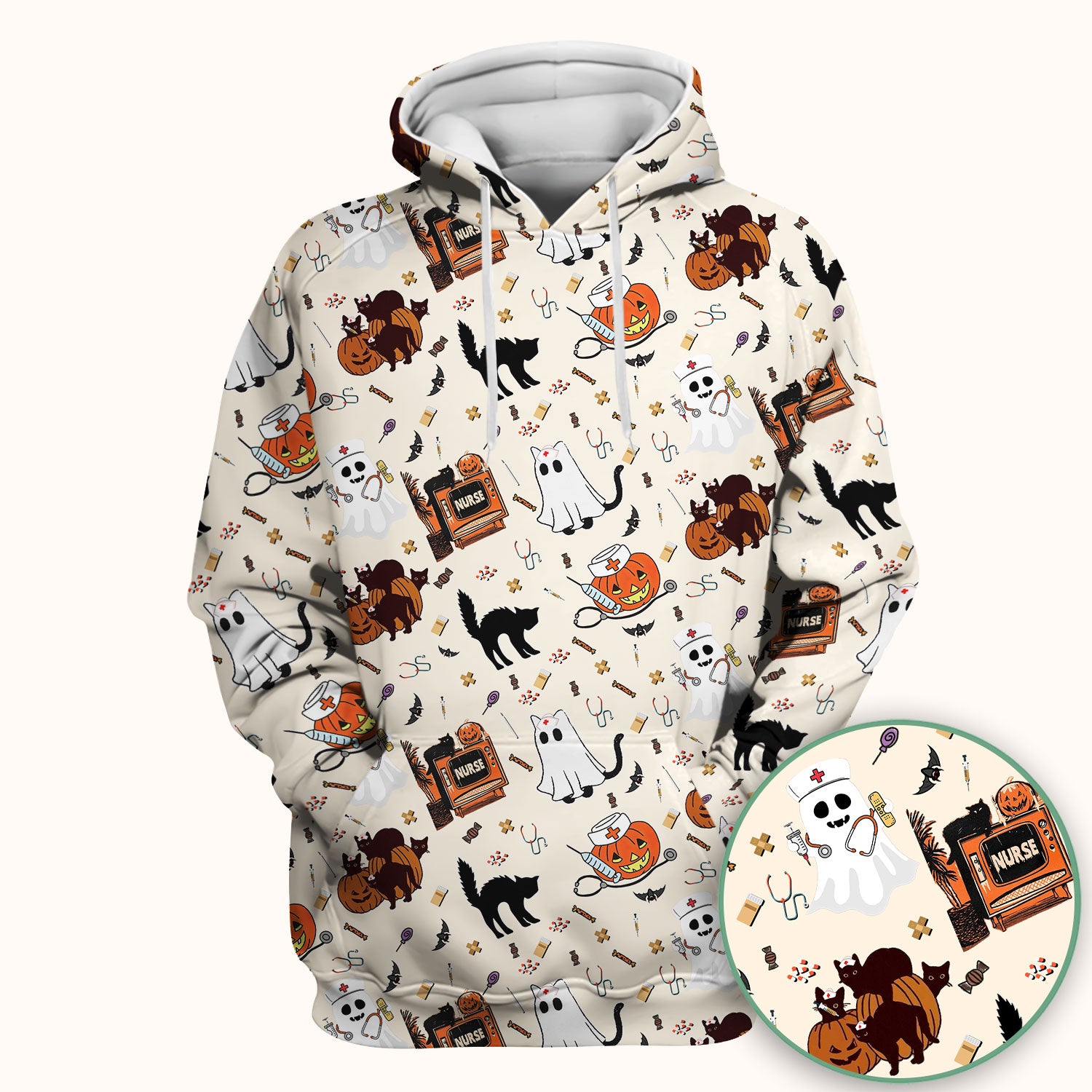 Halloween Scrub Top for Nurse - Cute Pumpkin Ghost Cat Medical Shirt - Spooky Scrubs for Women RN CNA LPN