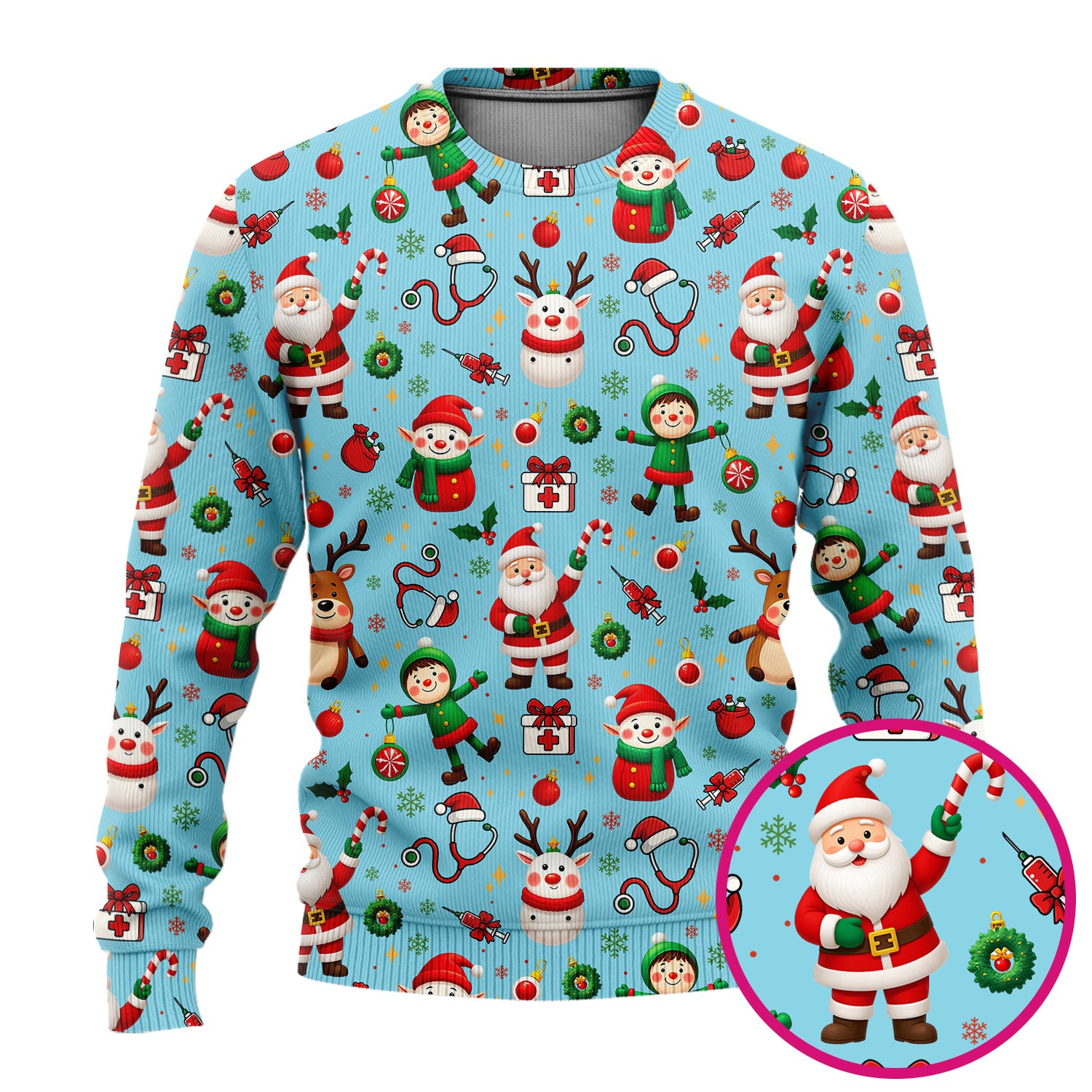 Santa Christmas Scrub Set - Cute Reindeer Scrubs Pants and V Neck Top - Festive Holiday Med Uniform for Women