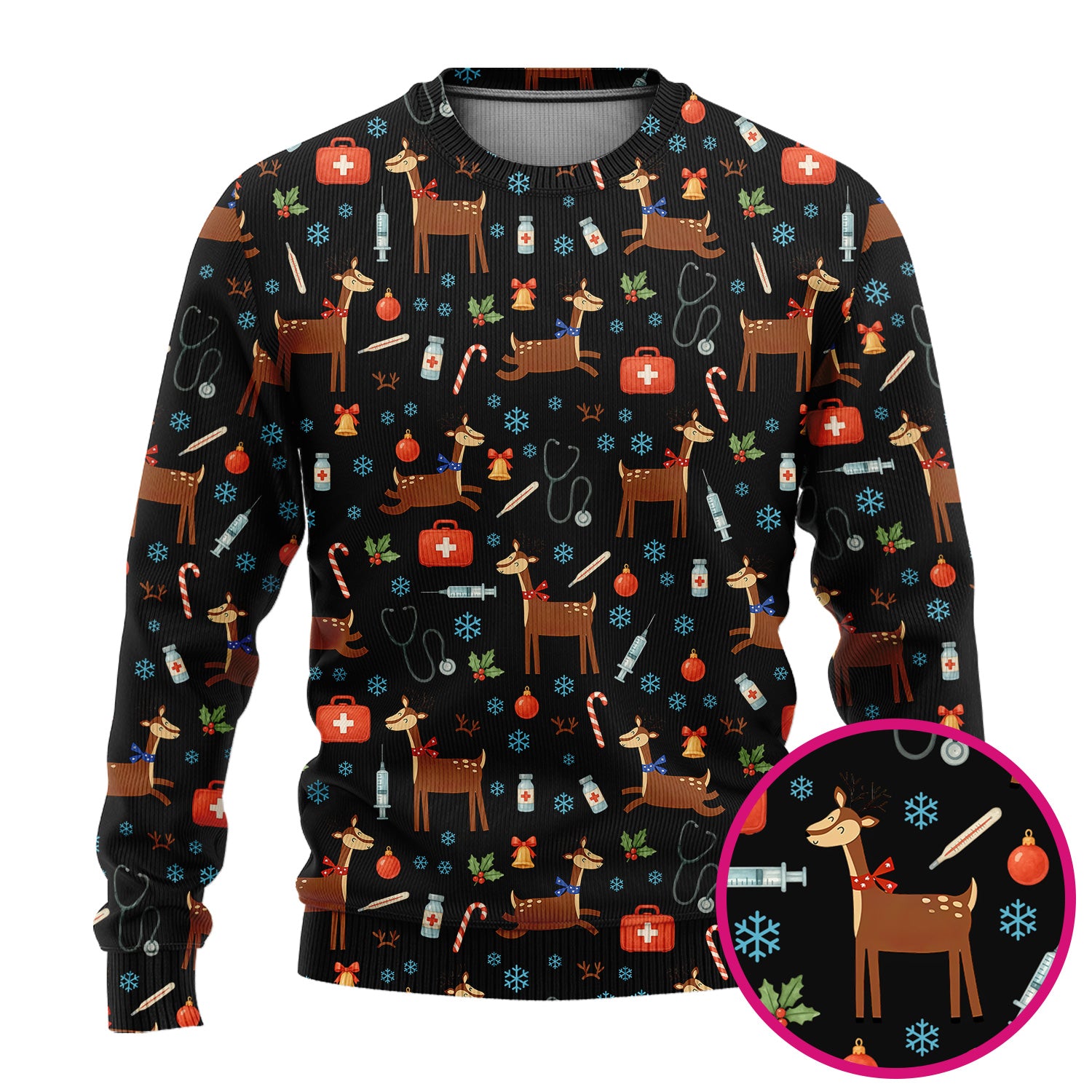 Christmas Reindeer Scrub Set for Nurses - Cute Reindeers Snowflakes Candy Canes - Comfortable Med Uniform