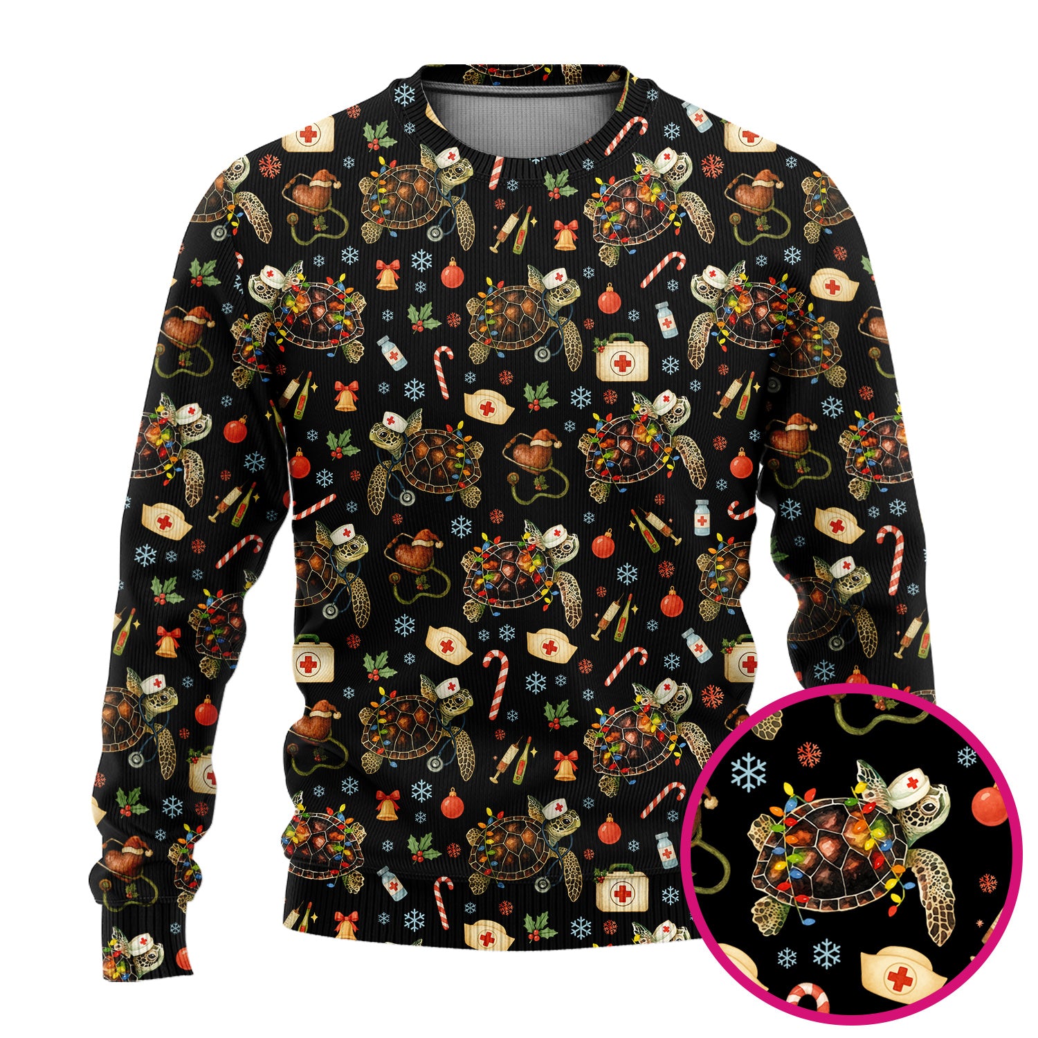 Funny Christmas Scrub Set - Sea Turtle with Xmas Lights Scrubs Pants and V Neck Top - Holiday Nurse Med Uniform for Women