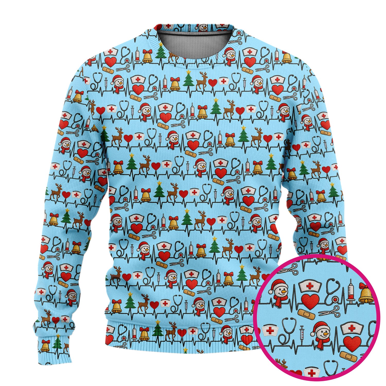 Cute Snowman Nurse Ugly Sweater, Christmas Holiday Medical Uniform For Nursing, Festive Heartbeat Print Nurse Sweater
