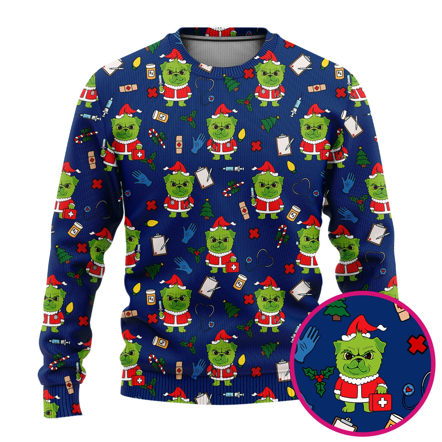 Funny Nurse Christmas Scrubs Set - Grumpy Dog Pattern with Medical Tools - Festive Holiday Scrub Top and Pants for Women