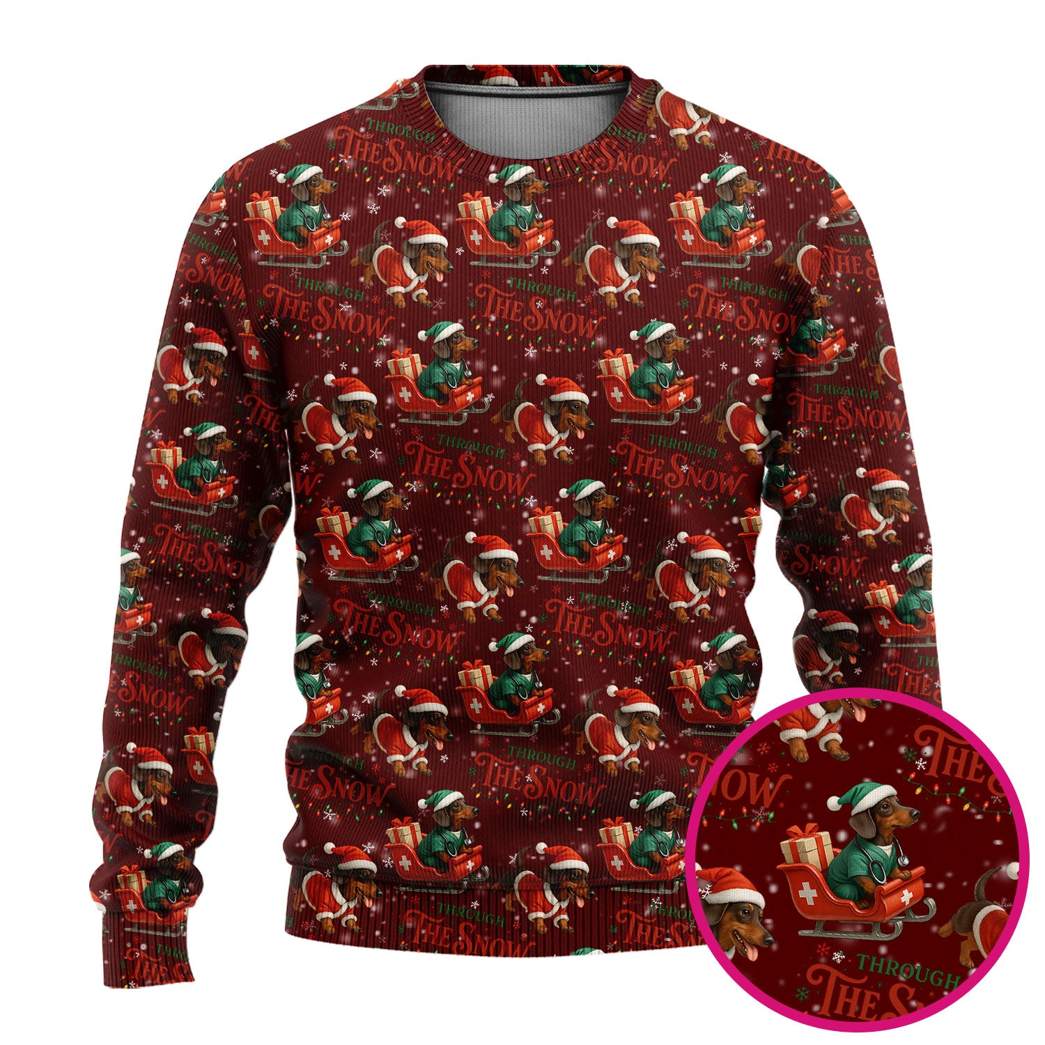 Dachshund Christmas Ugly Sweater, Cute Dog Nurse Sweater, Through The Snow Pattern Nursing Uniform