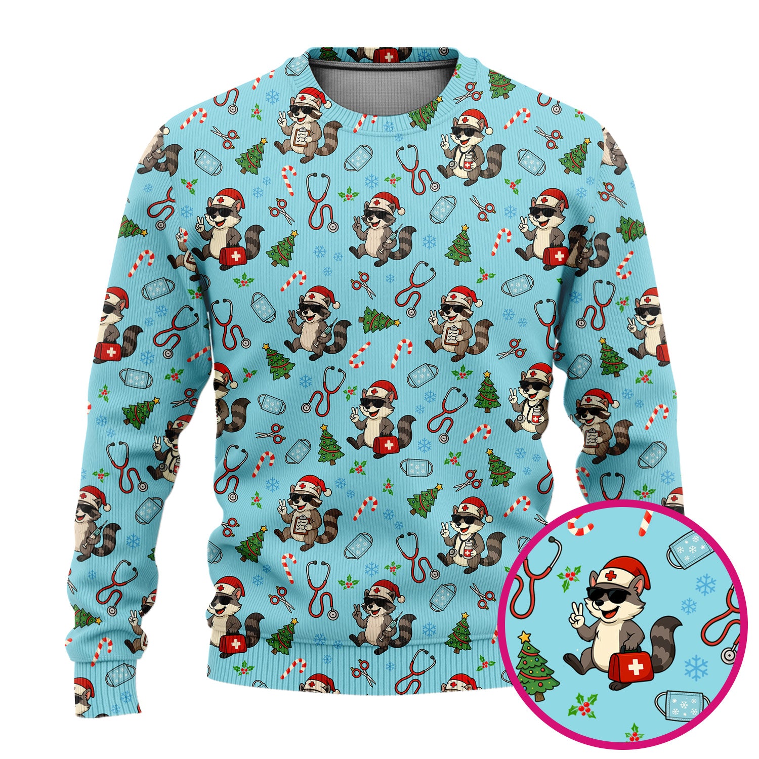 Funny Christmas Nurse Scrub Set - Raccoon Pattern with Santa Hat, Stethoscope and Tree - Cute Holiday Medical Scrubs Pants and Top Gift for RN CNA LPN