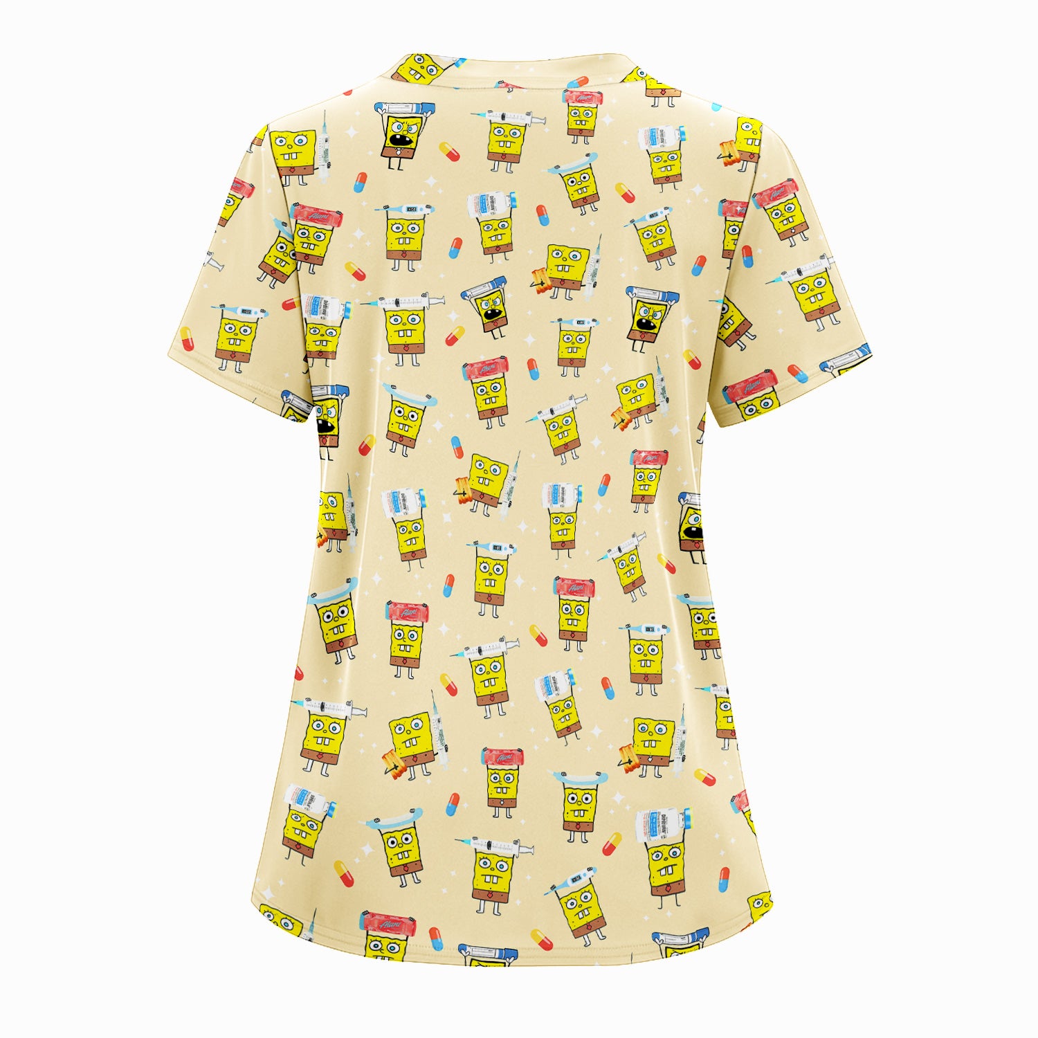 Cartoon Character Scrub Top - All-Over Print Doodle Medical Characters - Gift for RN LPN Healthcare Workers