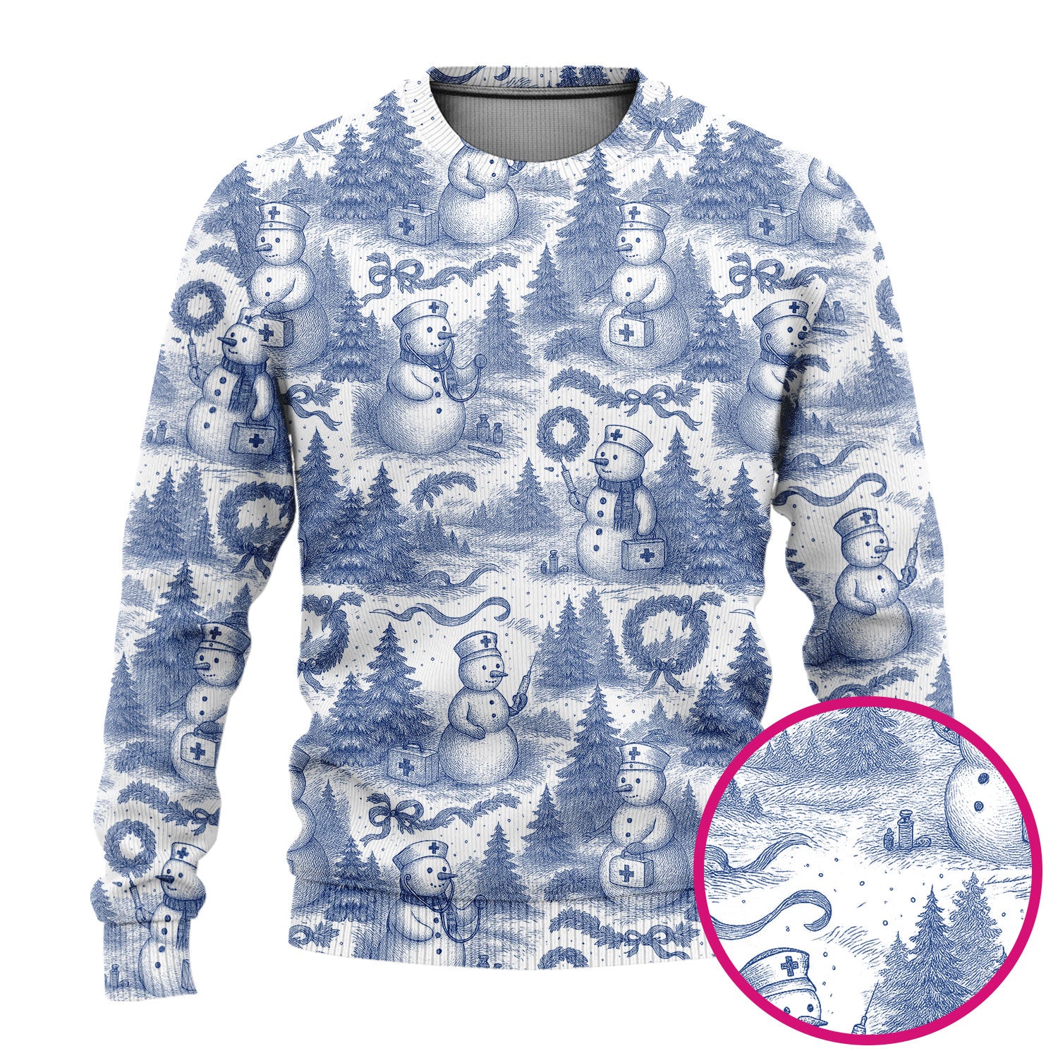 Toile de Jouy Christmas Scrubs Set – Elegant Snowman and Nurse Pattern – Classic Holiday Scrub Top and Pants for Women