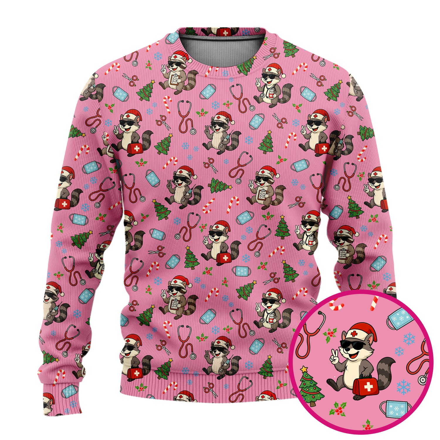Funny Christmas Nurse Scrub Set - Raccoon Pattern with Santa Hat, Stethoscope and Tree - Cute Holiday Medical Scrubs Pants and Top Gift for RN CNA LPN