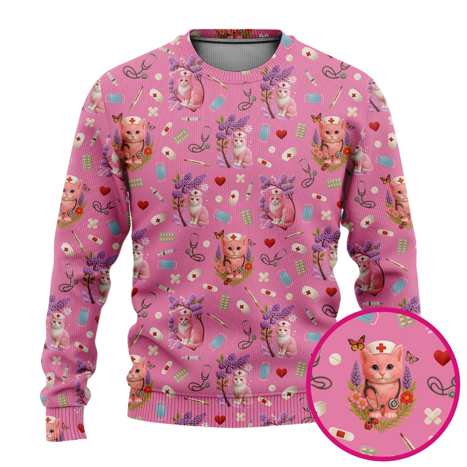 Cute Cat Pattern Nurse Scrub Set - Pink Medical Scrubs for Women - Adorable Kitty Print Gift for RN LPN CNA Healthcare Staff