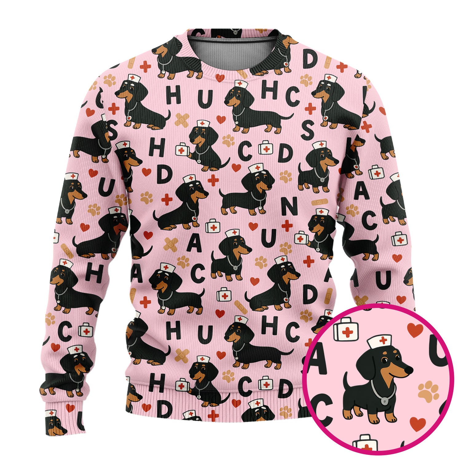 Dachshund Nurse Scrub Set for Women - Cute Sausage Dog Pattern Scrubs Top and Pants - Funny Animal Print Gift for RN LPN CNA
