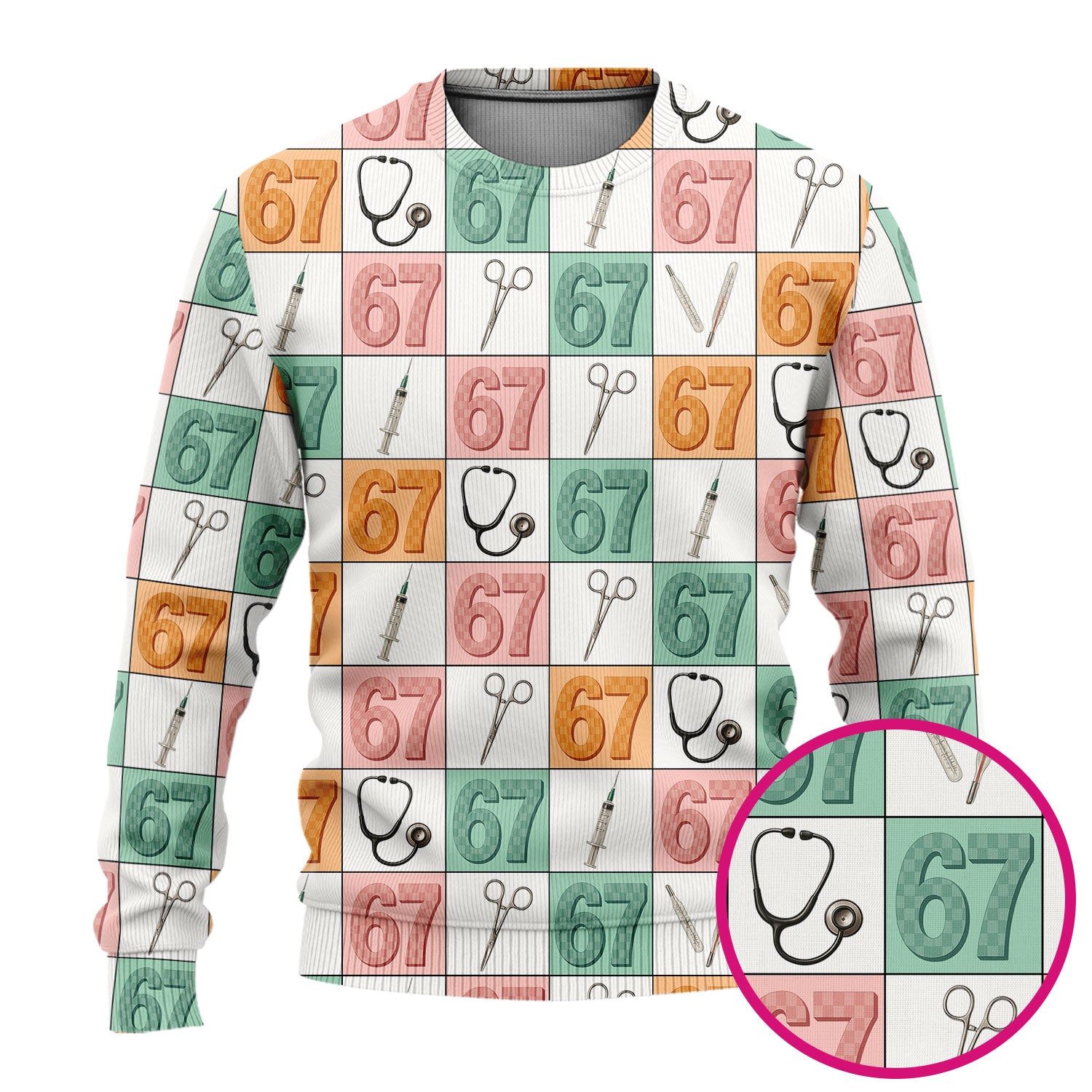 67 Nurse Patchwork Ugly Christmas Sweater, Colorful Medical Tools Holiday Nurse Shirt For Nursing