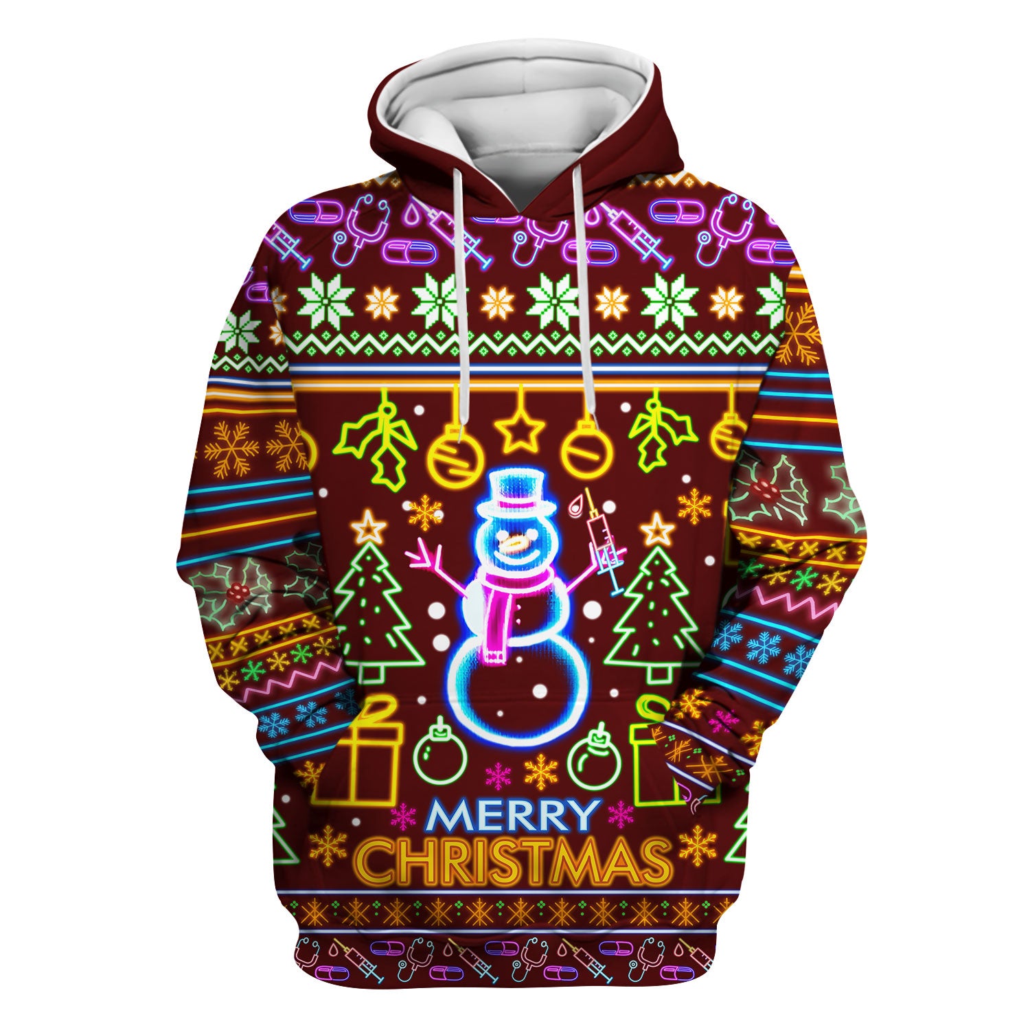 Neon Snowman Christmas Scrub Top for Nurses - Merry Christmas Holiday Lights Pattern - Funny Festive Medical Uniform for RN LPN CNA