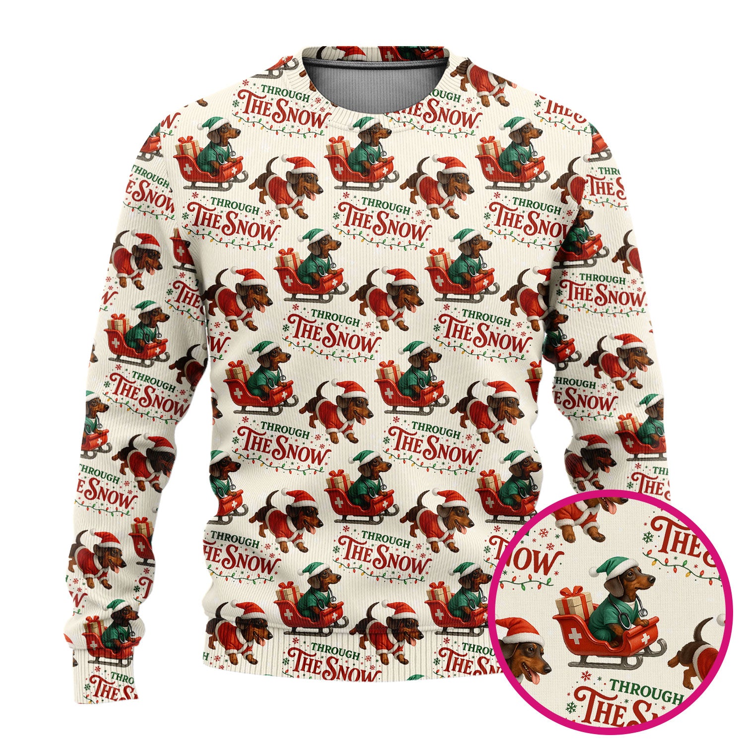 Dachshund Christmas Ugly Sweater, Cute Dog Nurse Sweater, Through The Snow Pattern Nursing Uniform