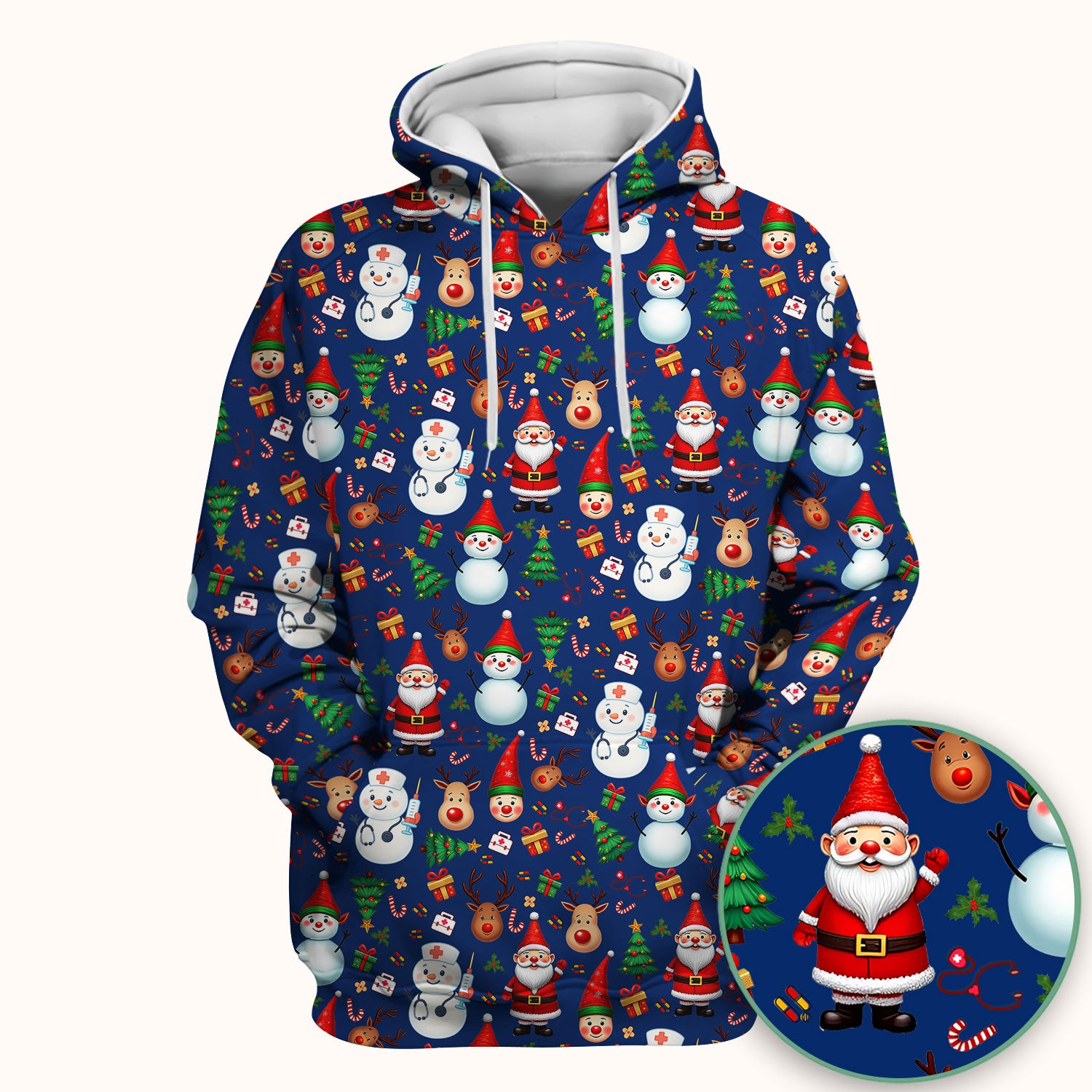 Christmas Scrub Top for Nurses - Cute Snowman Reindeer Santa Pattern - Holiday Medical Uniform RN CNA LPN Gift