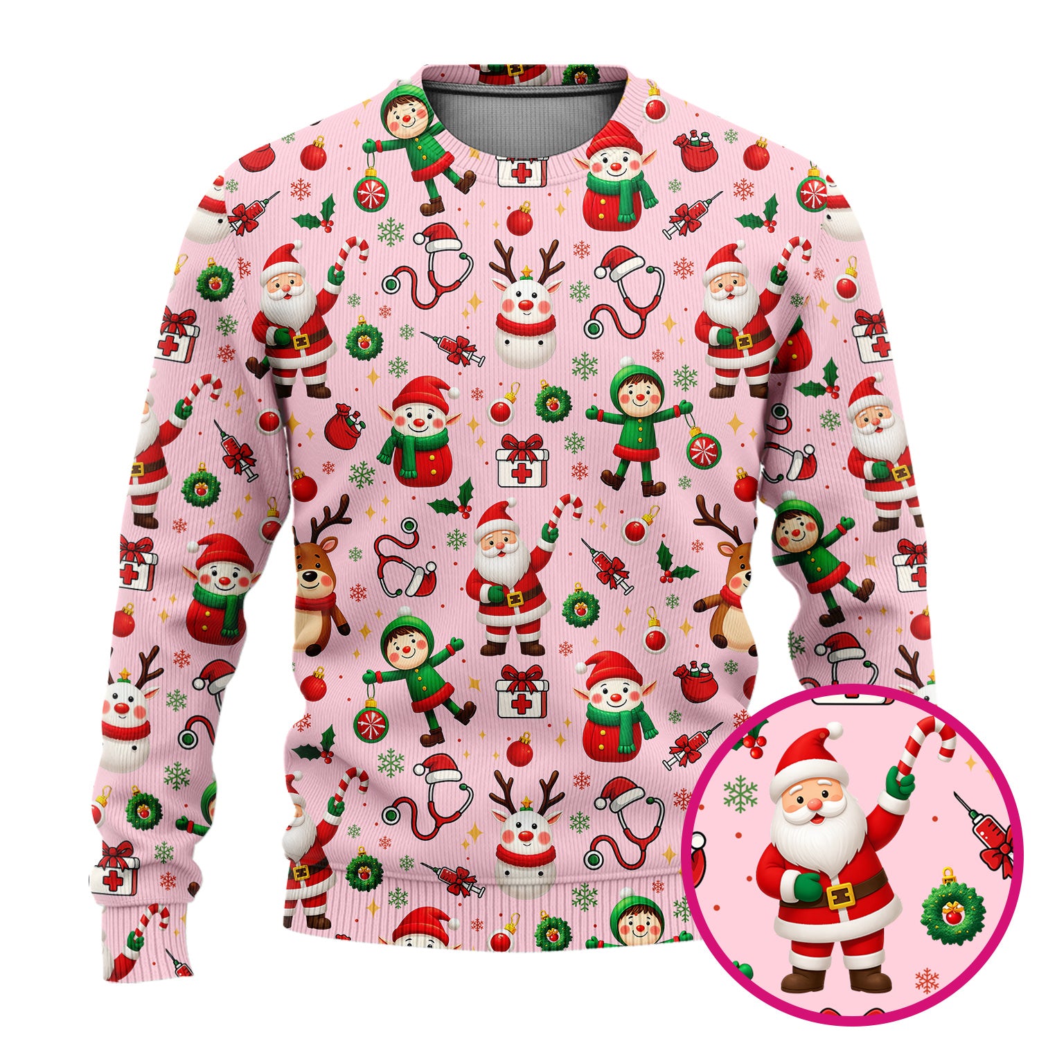 Santa Christmas Scrub Set - Cute Reindeer Scrubs Pants and V Neck Top - Festive Holiday Med Uniform for Women