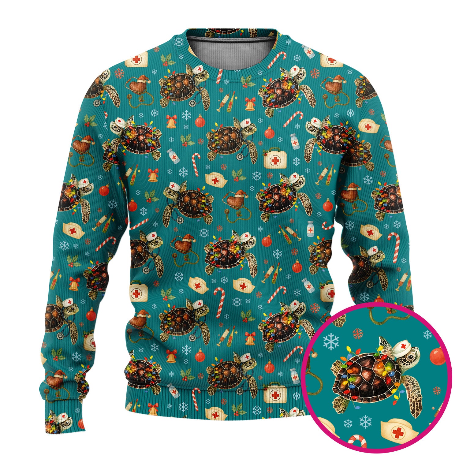 Funny Christmas Scrub Set - Sea Turtle with Xmas Lights Scrubs Pants and V Neck Top - Holiday Nurse Med Uniform for Women
