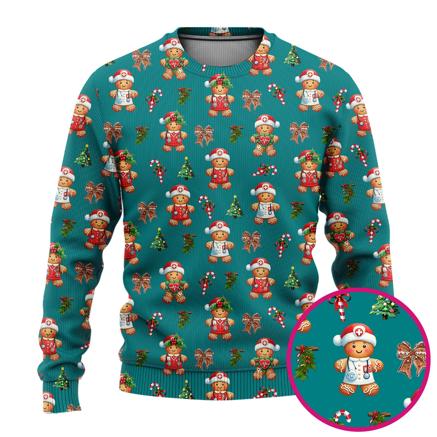 Funny Christmas Scrub Set for Nurse - Adorable Gingerbread Candy Cane Bow- Festive Medical Uniform for Women