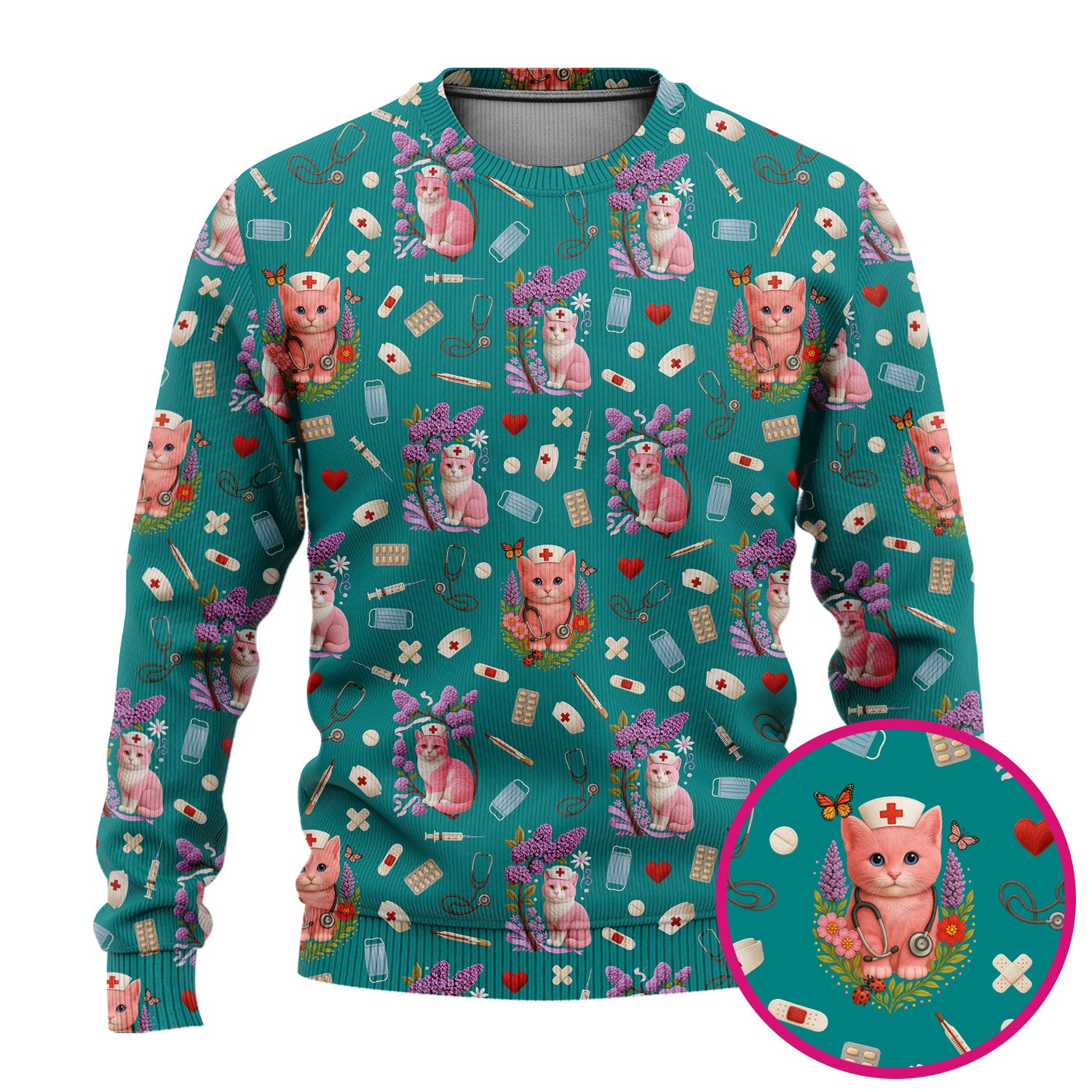 Cute Cat Pattern Nurse Scrub Set - Pink Medical Scrubs for Women - Adorable Kitty Print Gift for RN LPN CNA Healthcare Staff